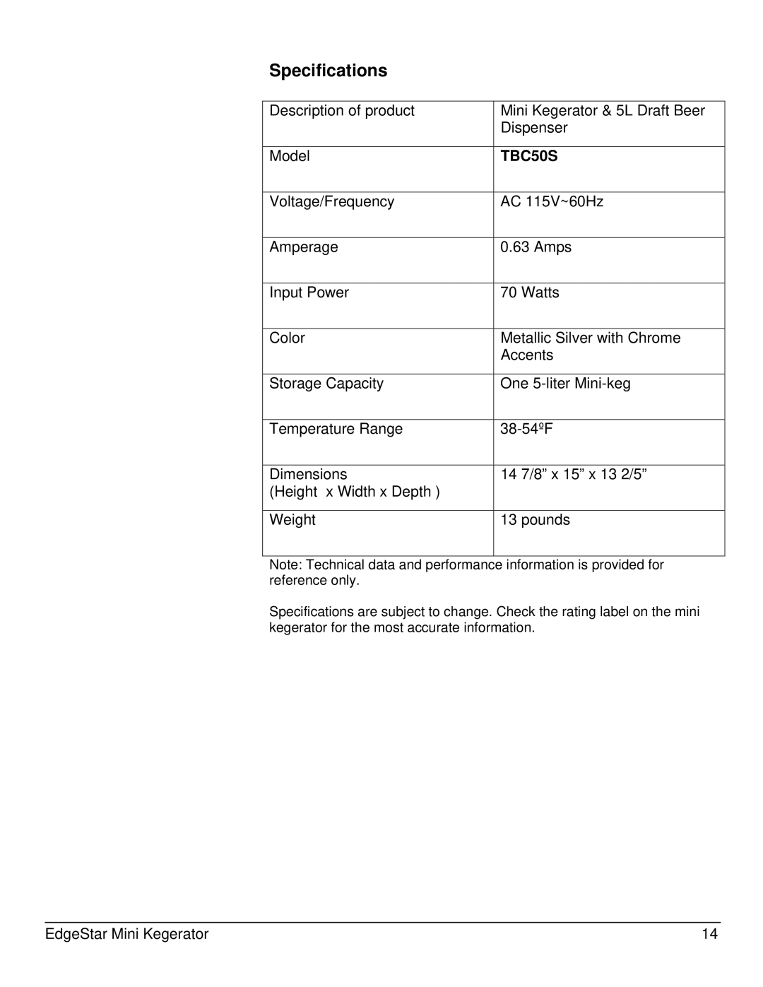 EdgeStar TBC50S owner manual Specifications 