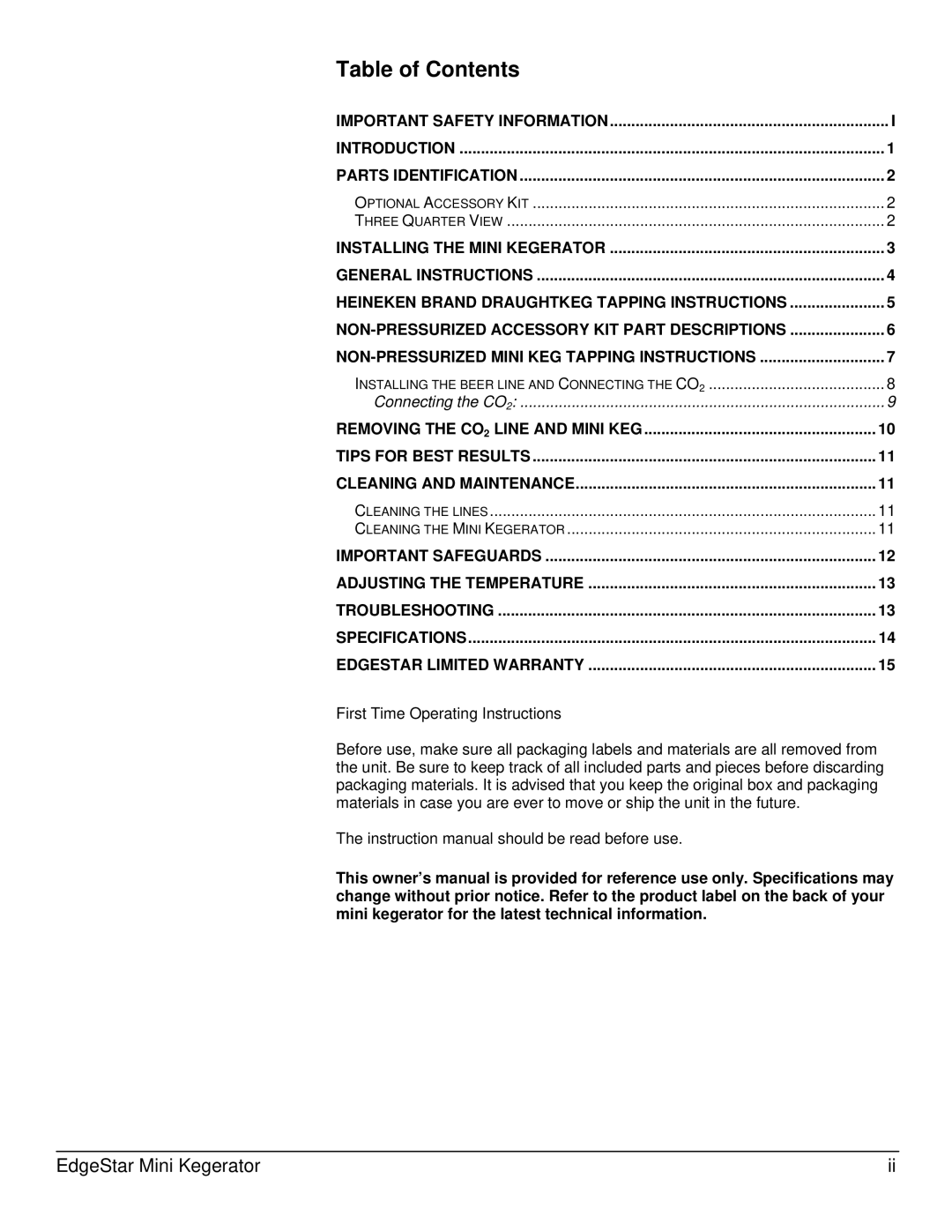 EdgeStar TBC50S owner manual Table of Contents 