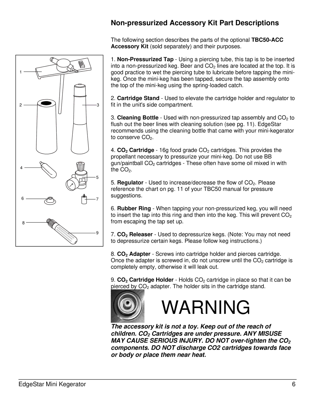 EdgeStar TBC50S owner manual Non-pressurized Accessory Kit Part Descriptions 