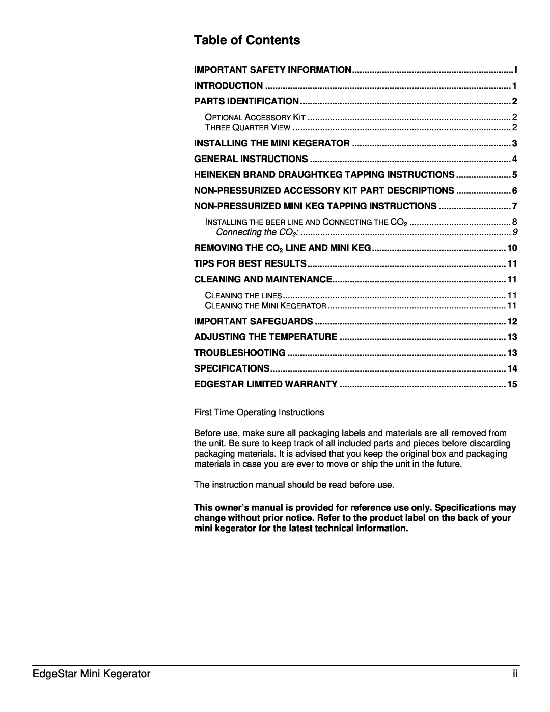 EdgeStar TBC50S owner manual Table of Contents, EdgeStar Mini Kegerator, Heineken Brand Draughtkeg Tapping Instructions 