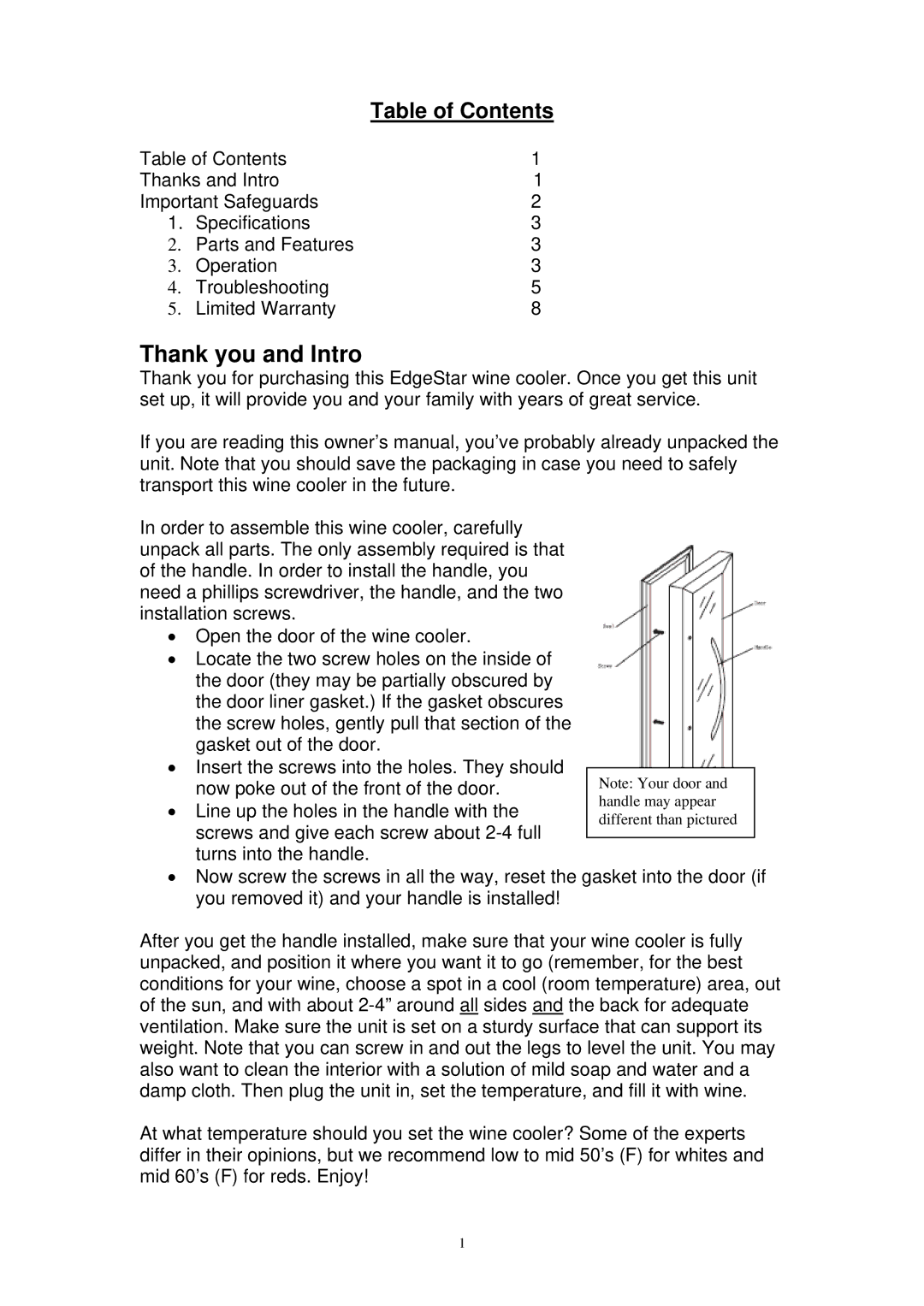 EdgeStar TWR125SS specifications Thank you and Intro, Table of Contents 