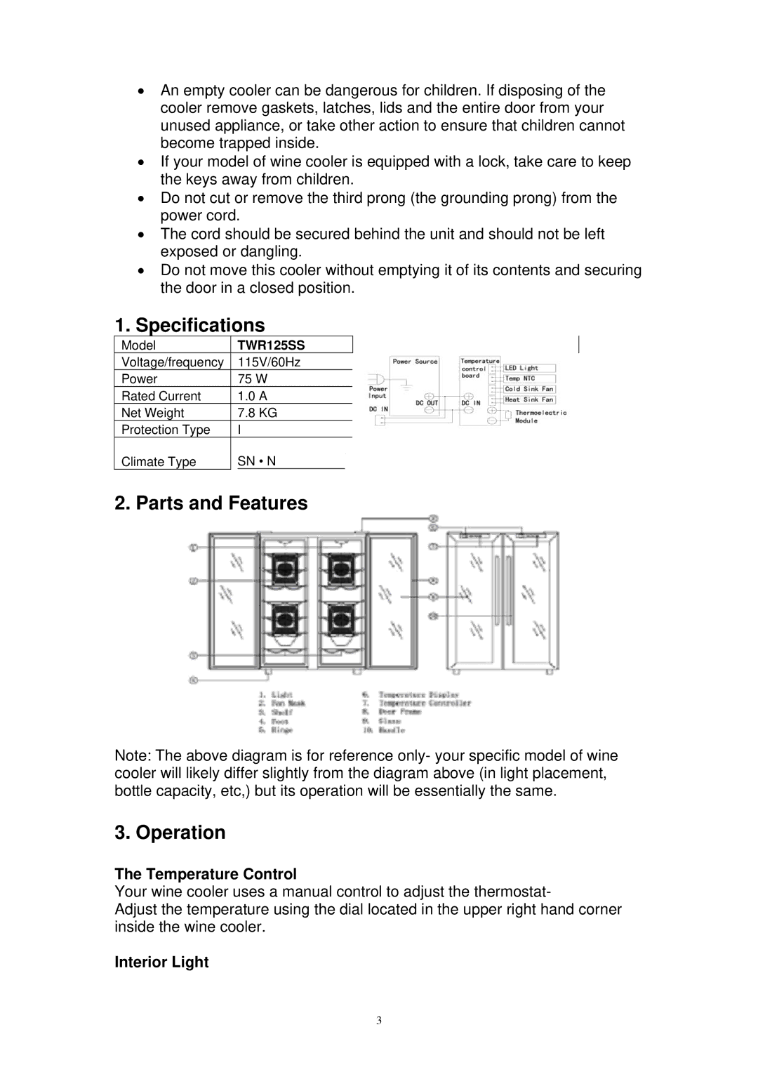 EdgeStar TWR125SS specifications Specifications, Parts and Features Operation, Temperature Control, Interior Light 