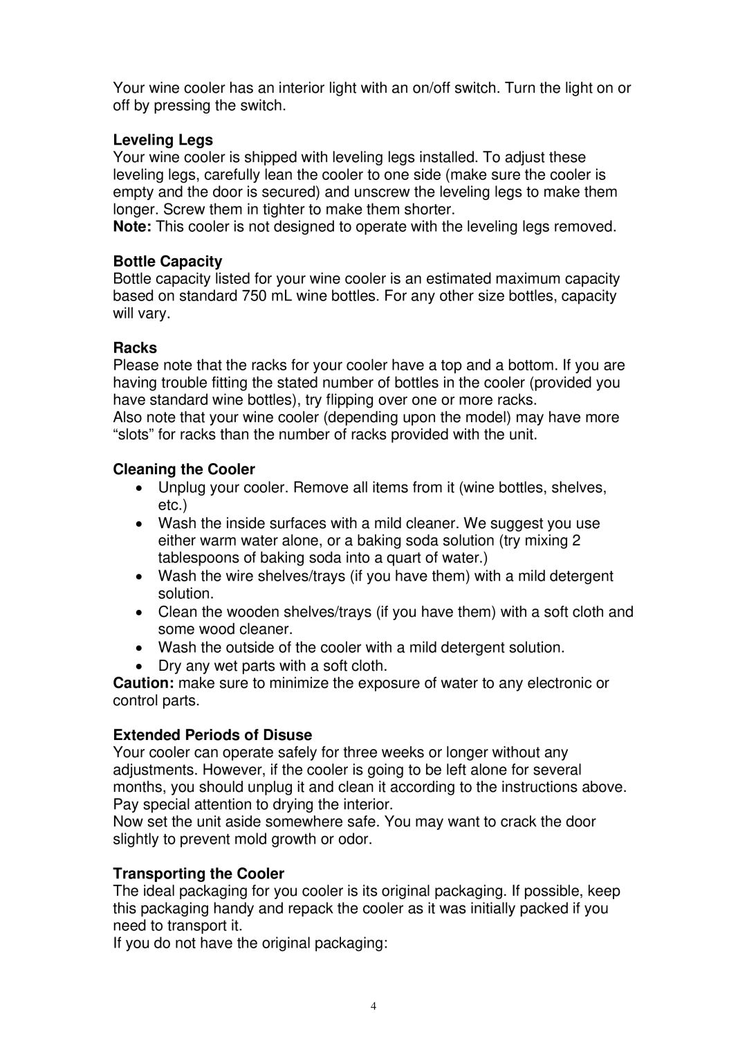 EdgeStar TWR125SS specifications Leveling Legs, Bottle Capacity, Racks, Cleaning the Cooler, Extended Periods of Disuse 