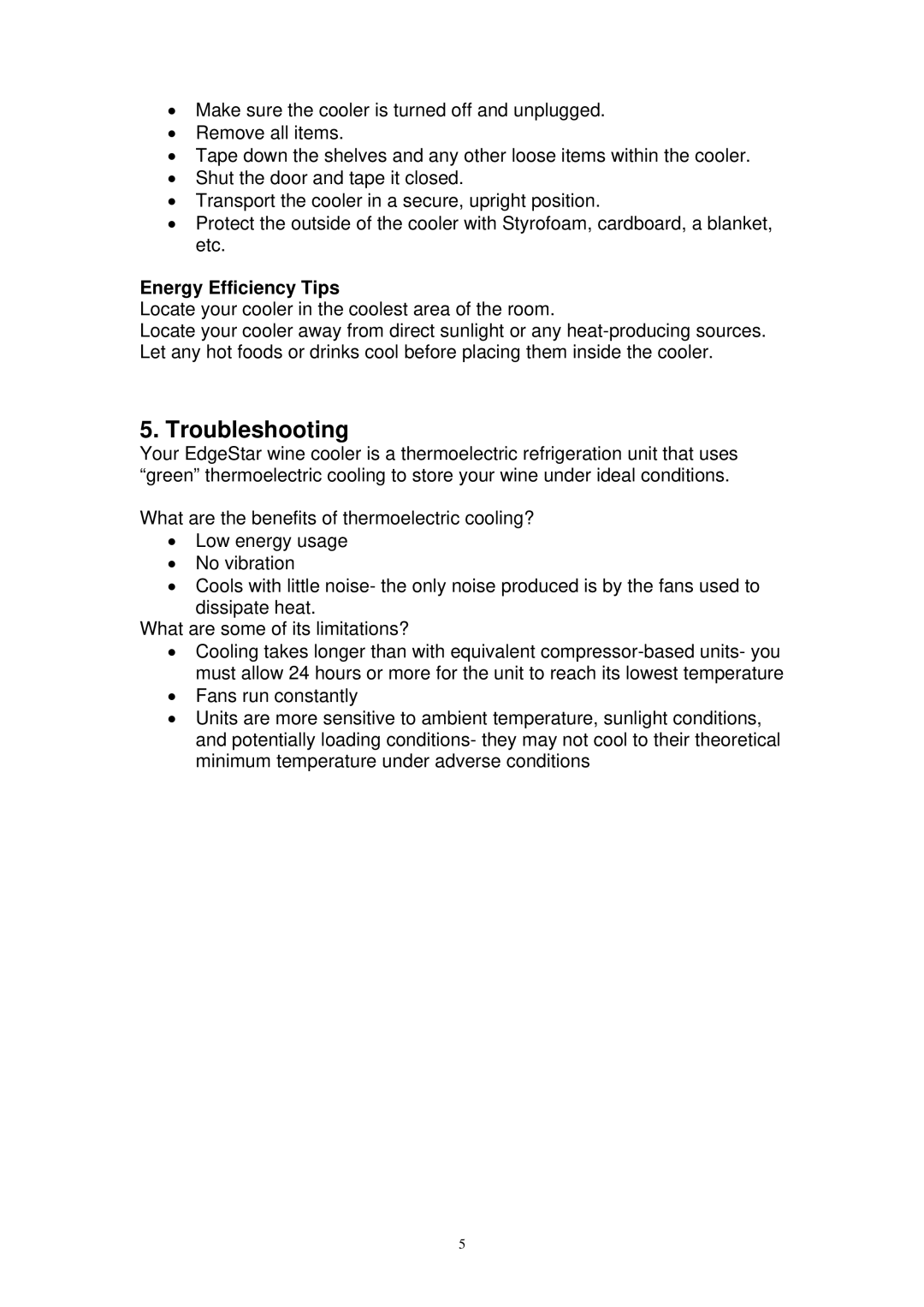 EdgeStar TWR125SS specifications Troubleshooting, Energy Efficiency Tips 