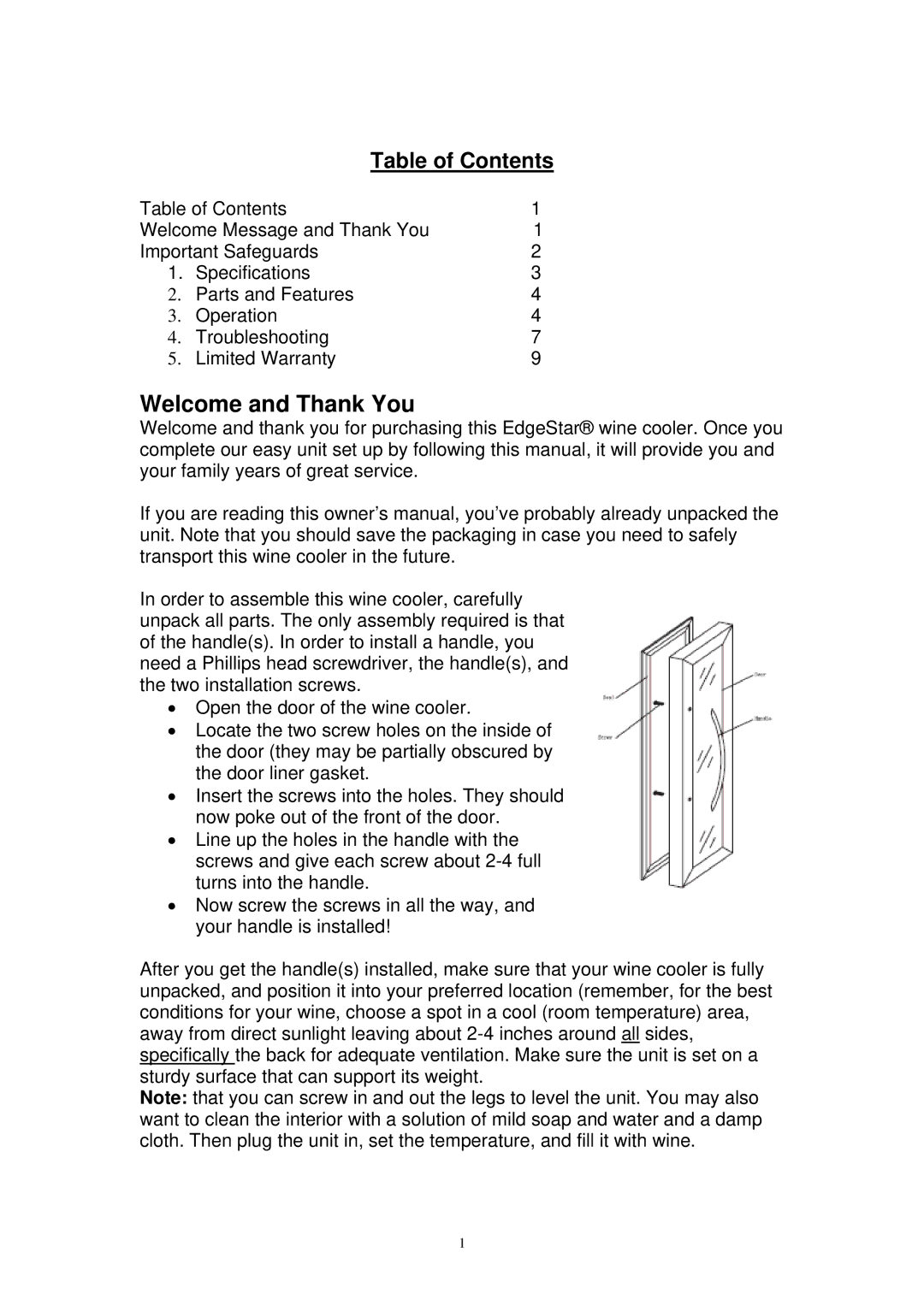 EdgeStar TWR210EBL specifications Welcome and Thank You, Table of Contents 