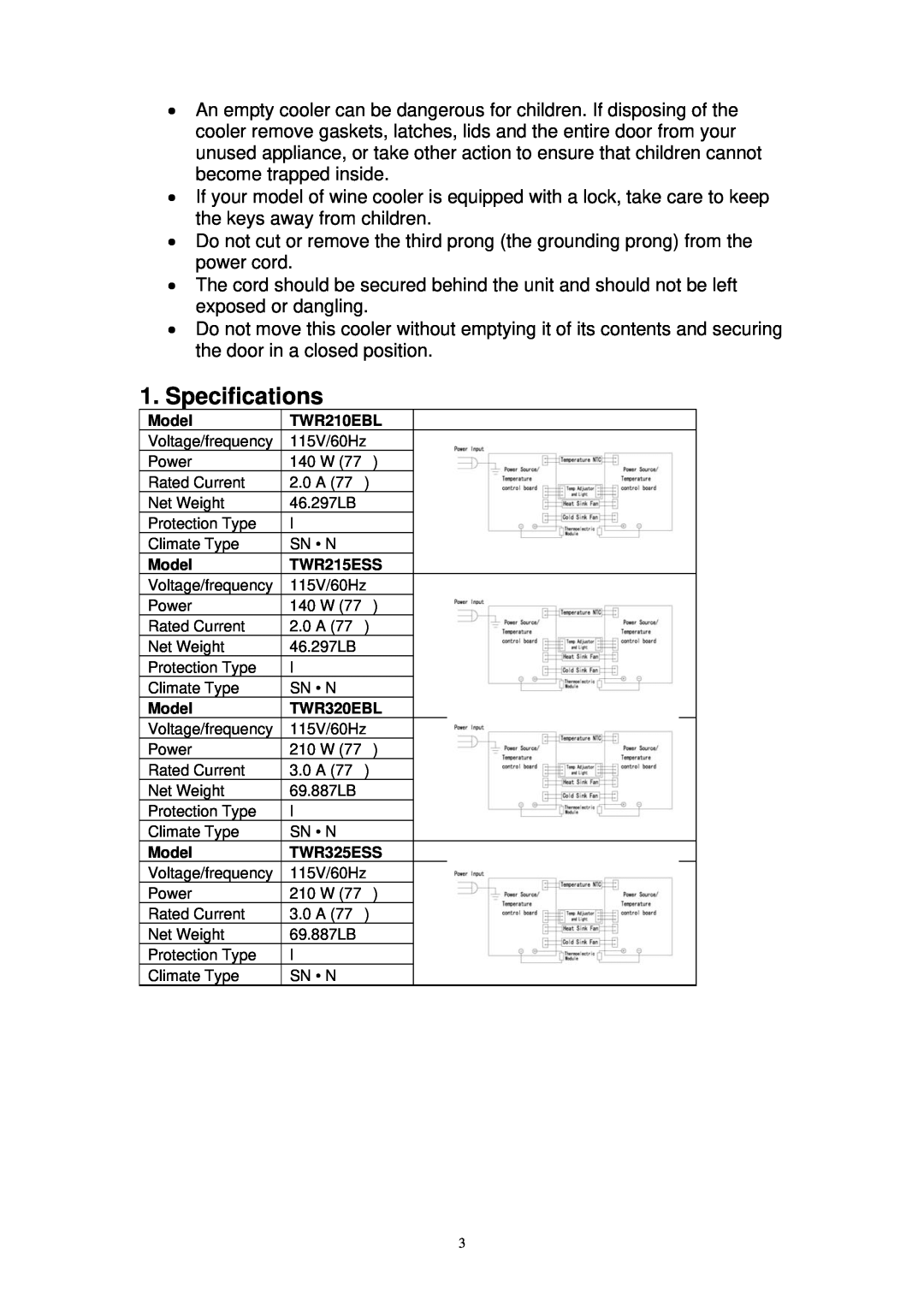 EdgeStar TWR210EBL specifications Specifications, Model, TWR215ESS, TWR320EBL, TWR325ESS 