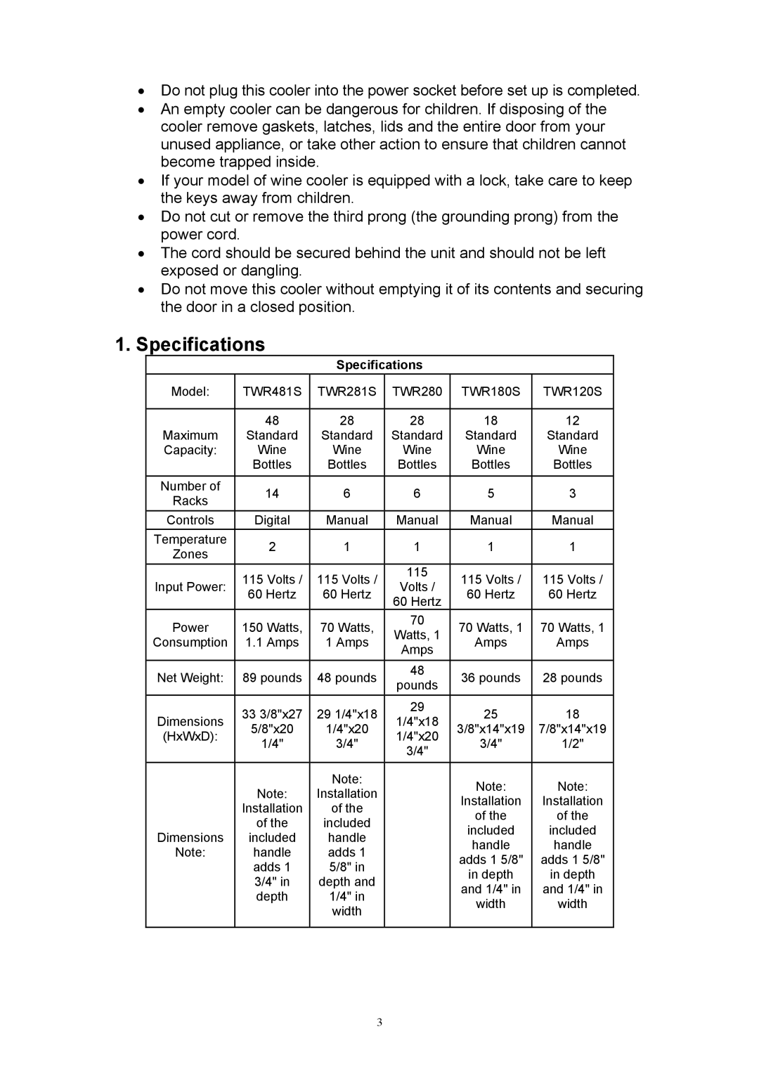 EdgeStar TWR180, TWR280, TWR281, TWR120, TWR481 manual Specifications 