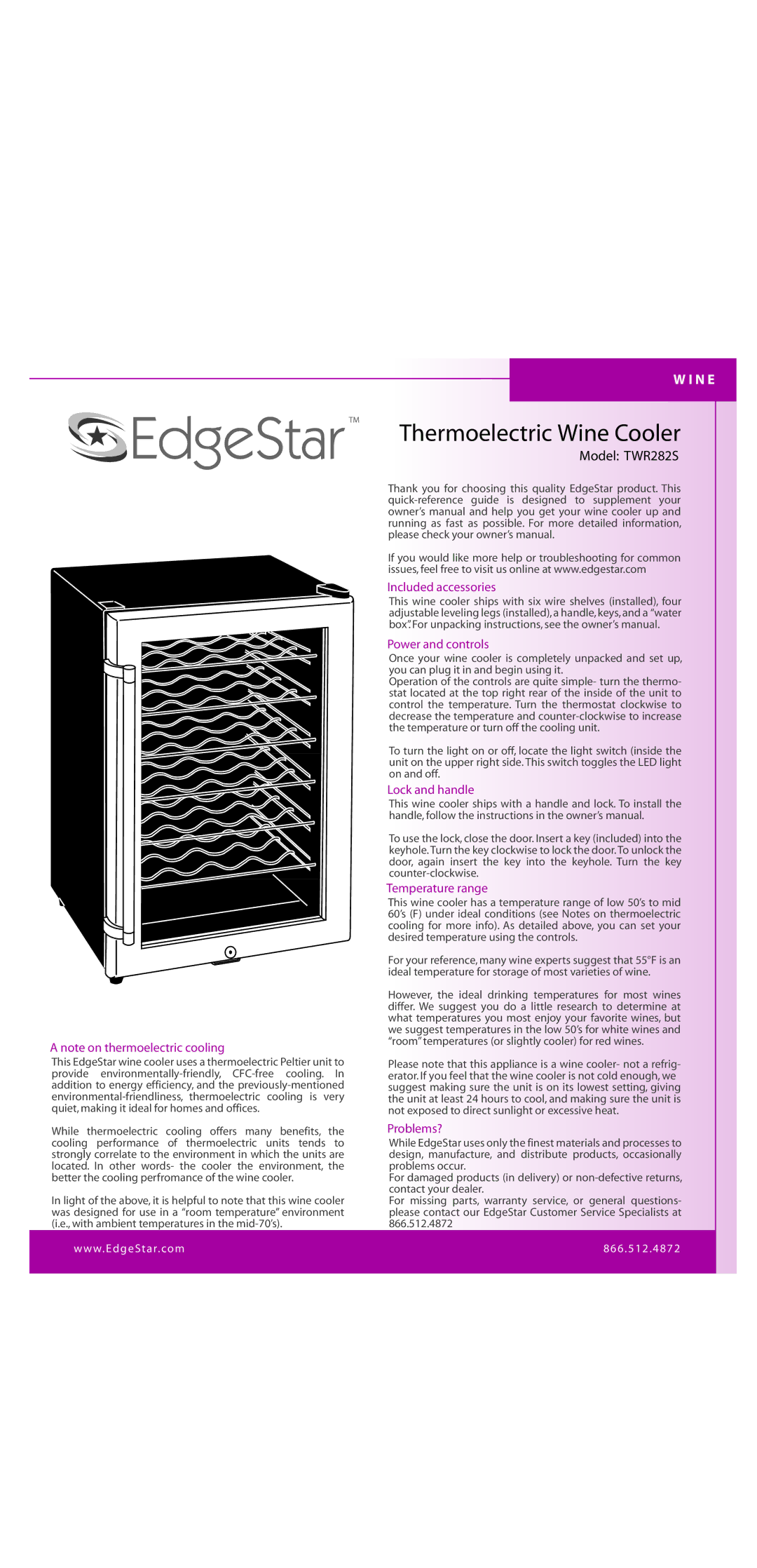 EdgeStar owner manual Thermoelectric Wine Cooler, Model TWR282S 