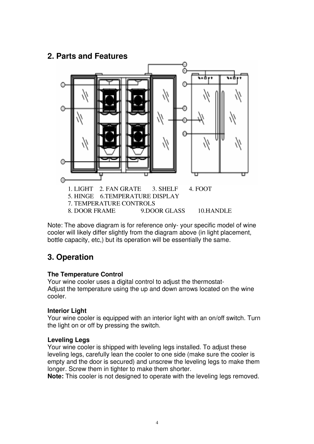 EdgeStar TWR320EBL, TWR325ESS, TWR215ESS Parts and Features, Operation, Temperature Control, Interior Light, Leveling Legs 