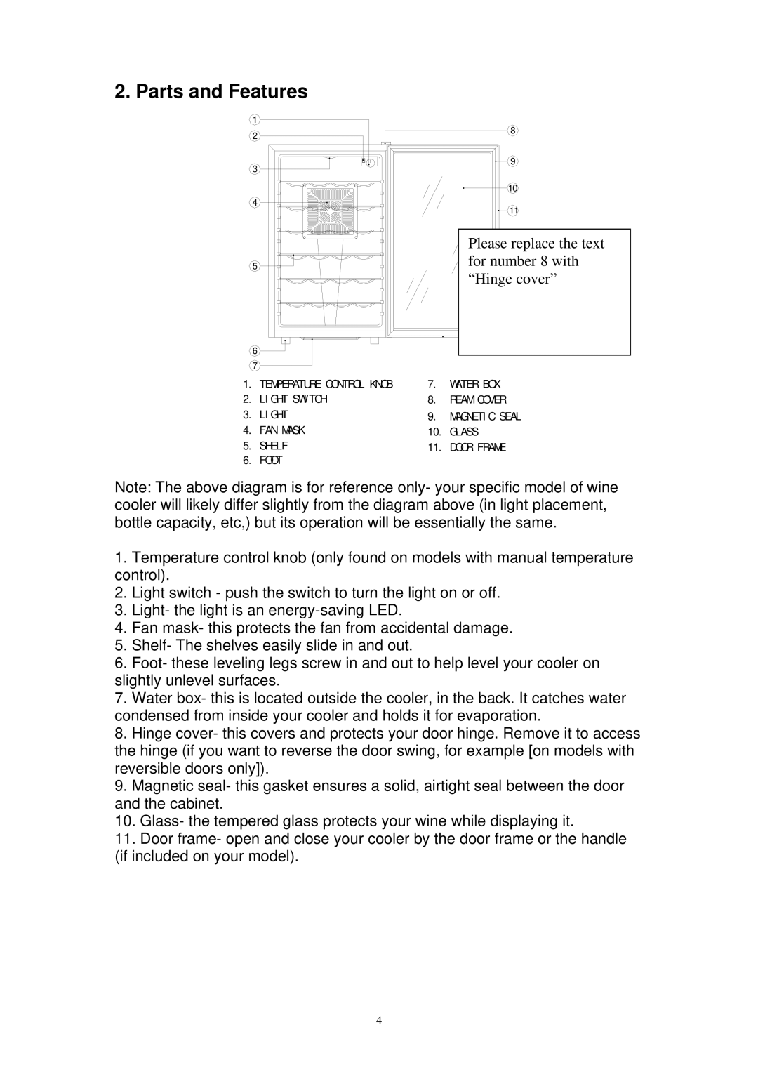 EdgeStar TWR80ES, TWR121ES specifications Parts and Features, Please replace the text for number 8 with Hinge cover 