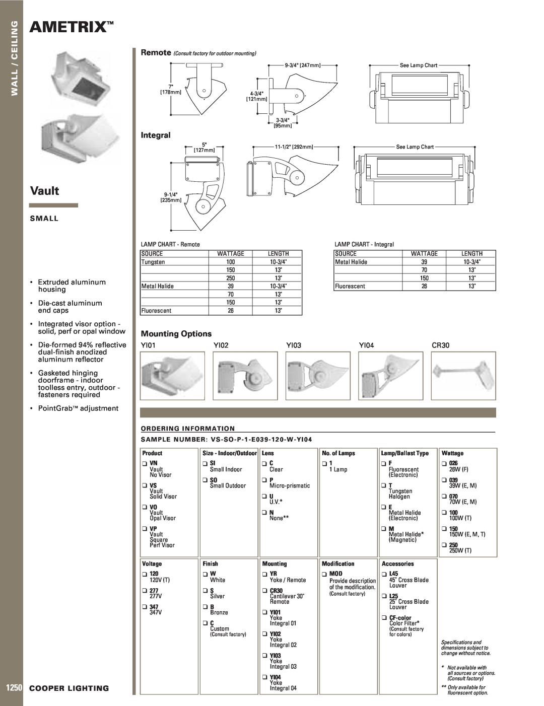 EdgeStar Vault specifications Ametrix, 1250, Wall / Ceiling, Integral, Mounting Options, S M A L L, Cooper Lighting 