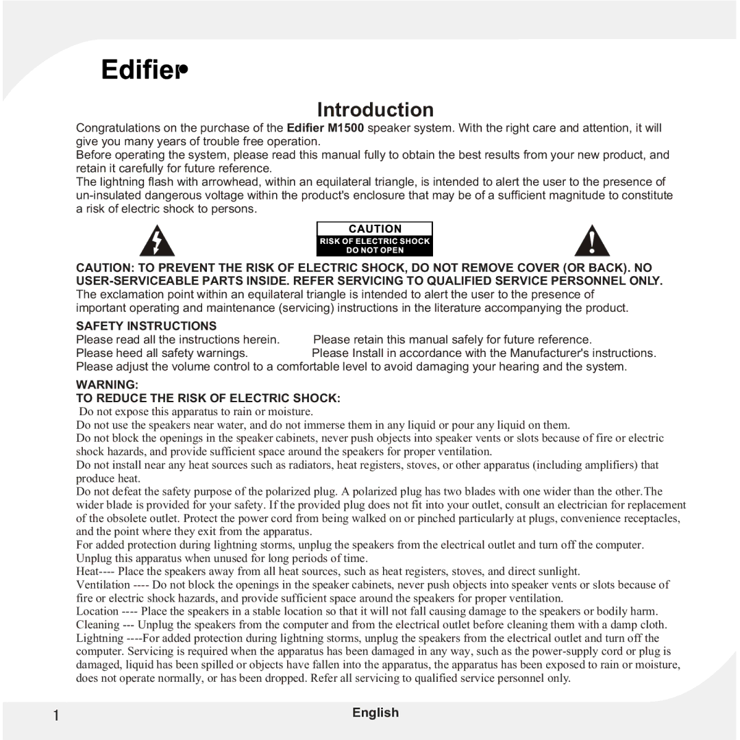 Edifier Enterprises Canada M1500 user manual Introduction, Safety Instructions 