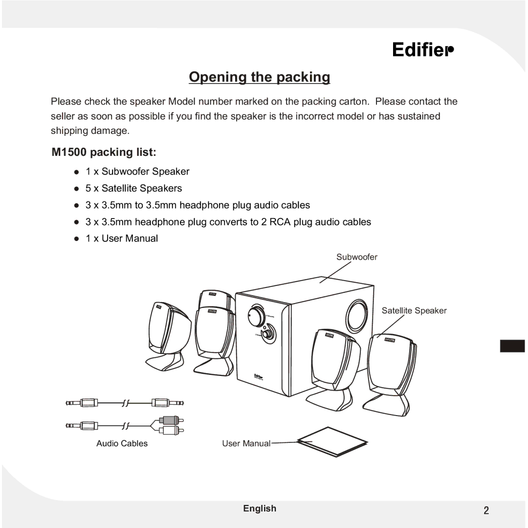 Edifier Enterprises Canada user manual Opening the packing, M1500 packing list 