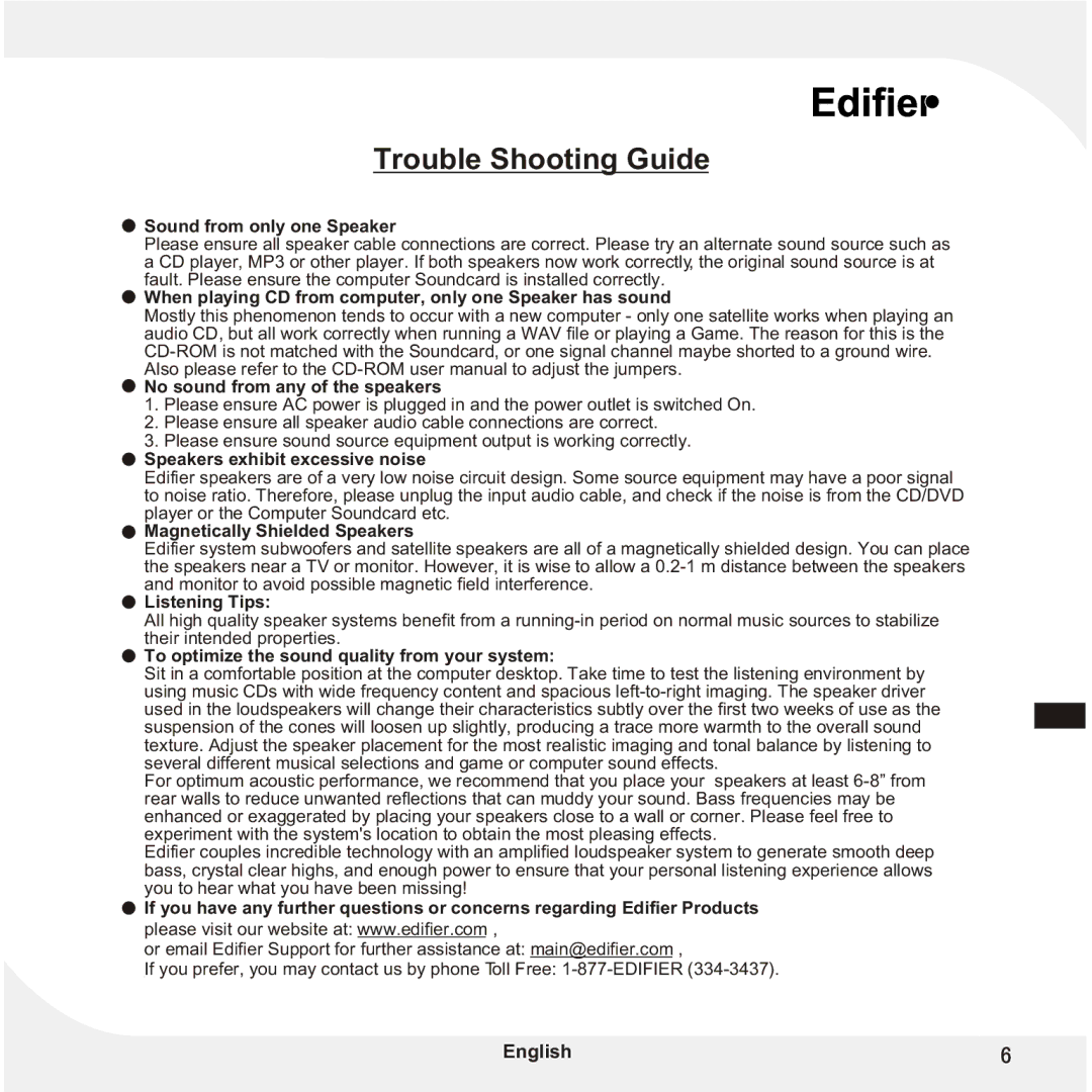 Edifier Enterprises Canada M1500 user manual Trouble Shooting Guide, Sound from only one Speaker 