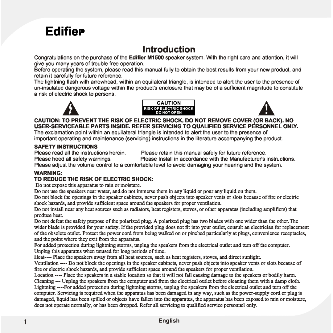 Edifier Enterprises Canada M1500 Introduction, English, Safety Instructions, To Reduce The Risk Of Electric Shock 