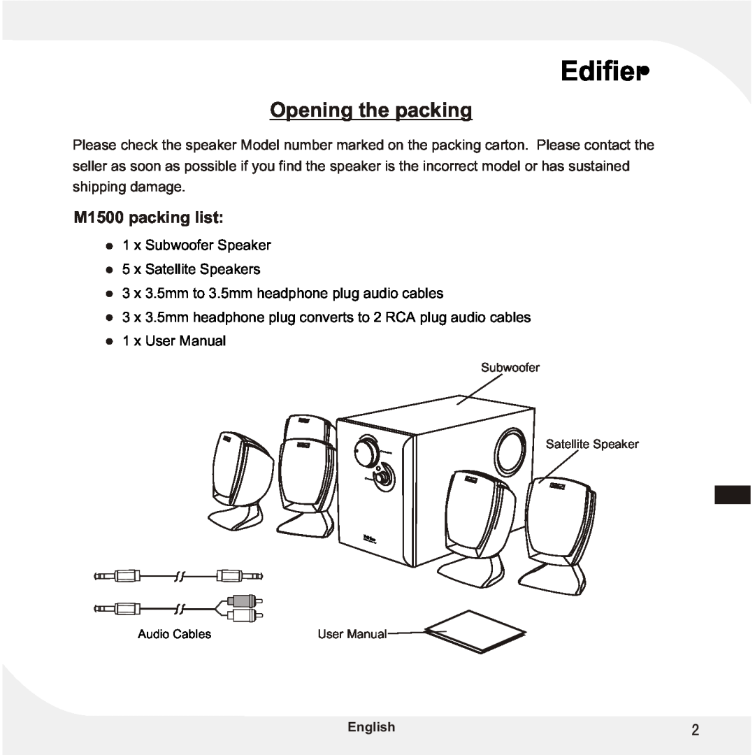 Edifier Enterprises Canada Opening the packing, M1500 packing list, x Subwoofer Speaker 5 x Satellite Speakers 