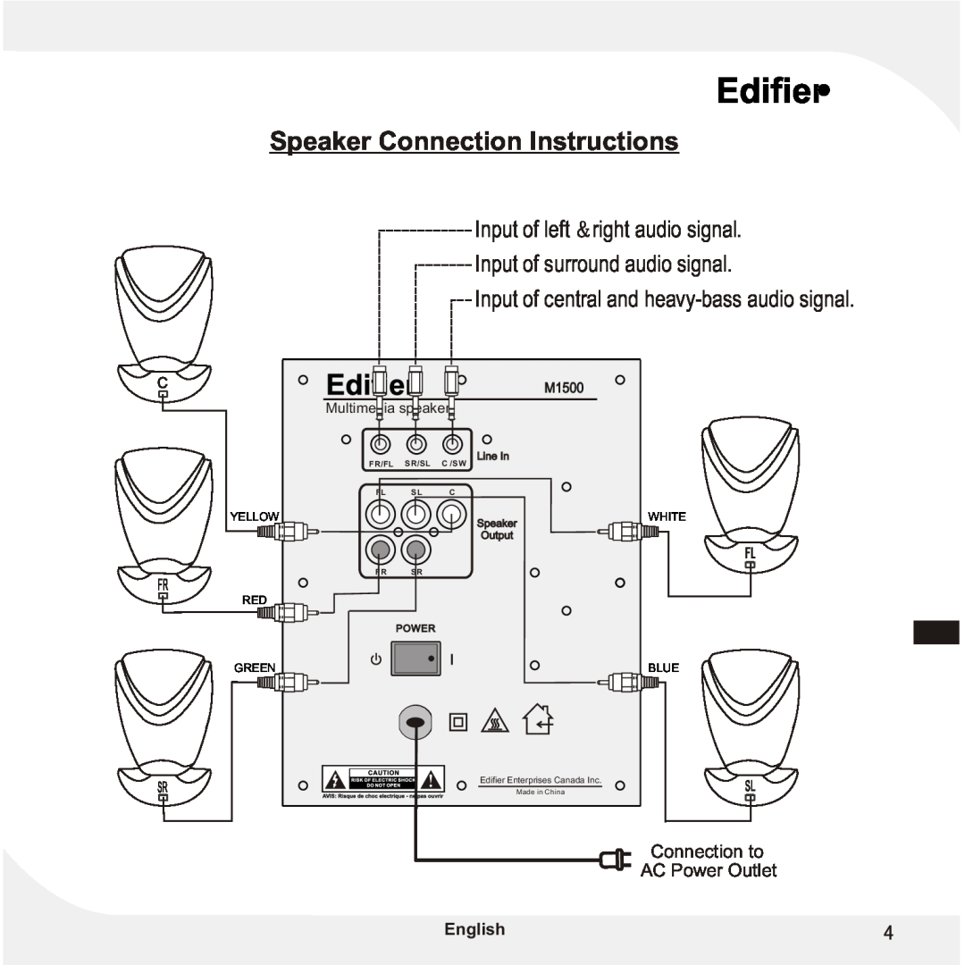 Edifier Enterprises Canada M1500 Speaker Connection Instructions, Input of left right audio signal, Multimedia speaker 