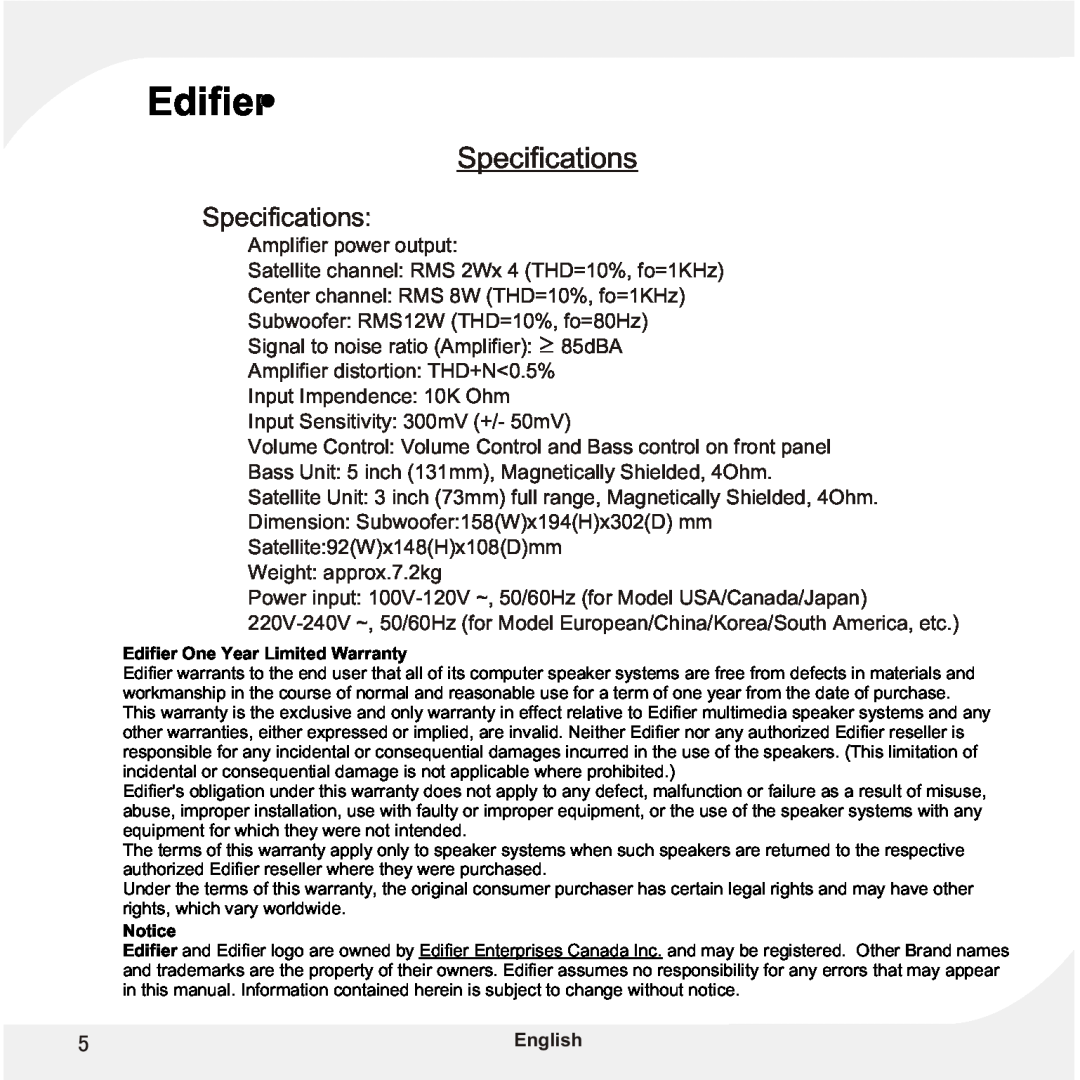 Edifier Enterprises Canada M1500 user manual Specifications 