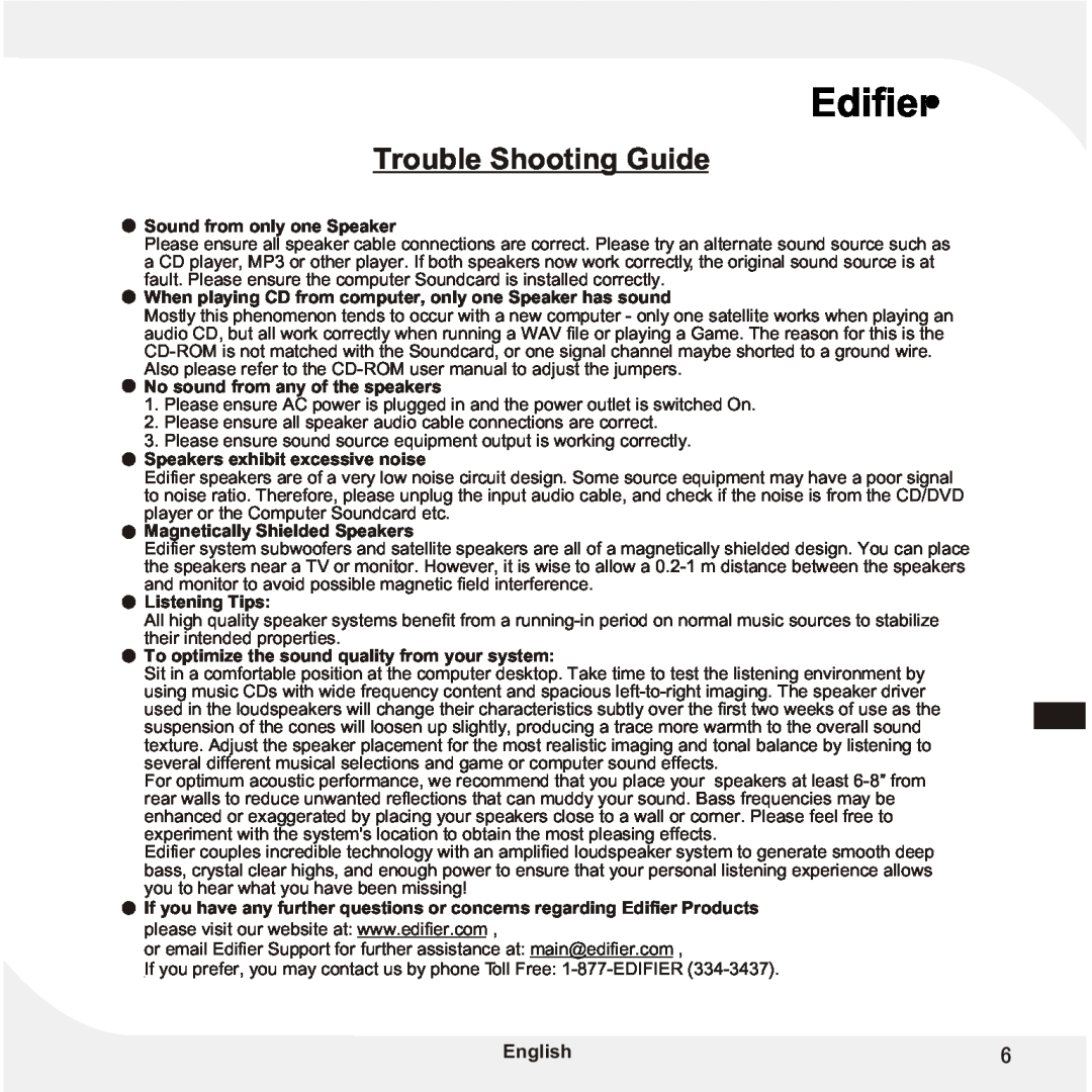 Edifier Enterprises Canada M1500 Trouble Shooting Guide, Sound from only one Speaker, No sound from any of the speakers 