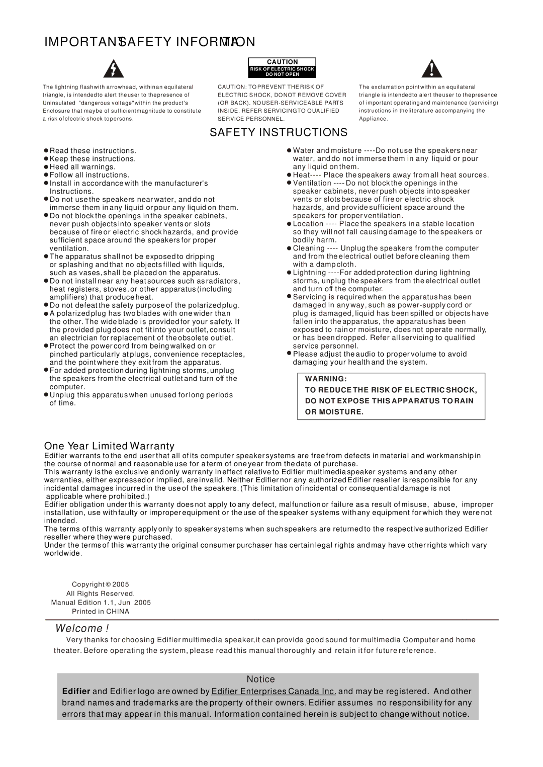 Edifier Enterprises Canada R100 user manual Important Safety Information 