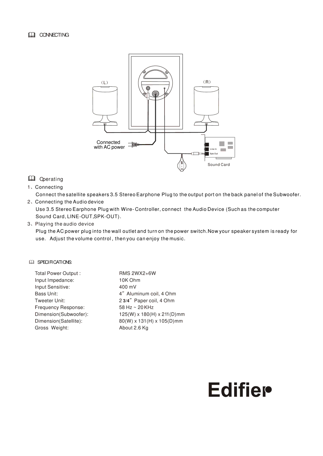 Edifier Enterprises Canada R100 user manual Connecting, Operating 