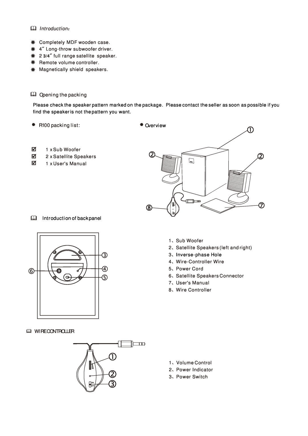 Edifier Enterprises Canada user manual Opening the packing, R100 packing list, Wire Controller, Introduction, Overview 