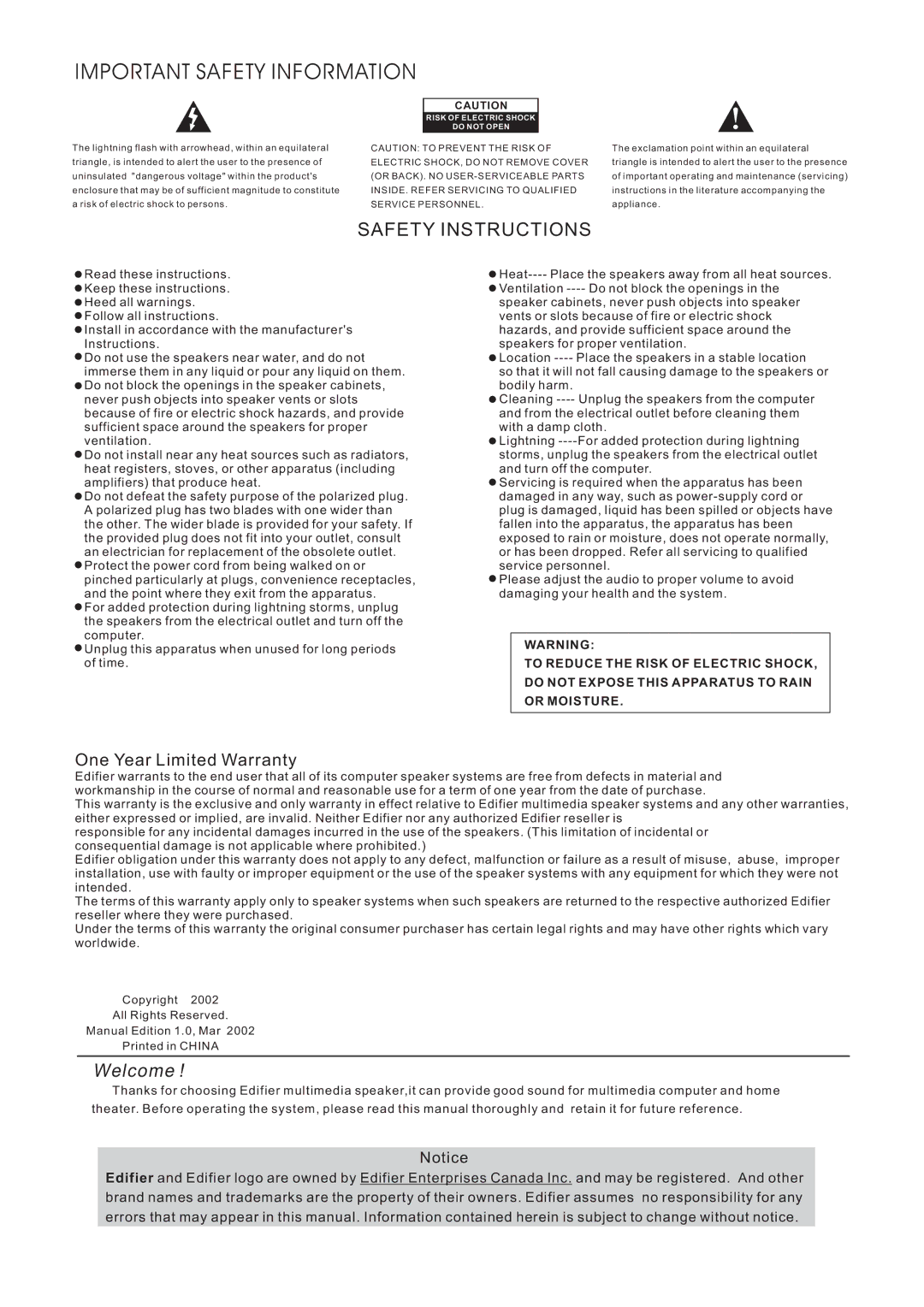 Edifier Enterprises Canada R102 user manual Important Safety Information 