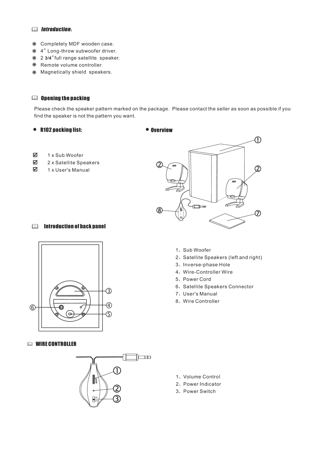 Edifier Enterprises Canada user manual Opening the packing, R102 packing list, Introduction of back panel Overview 