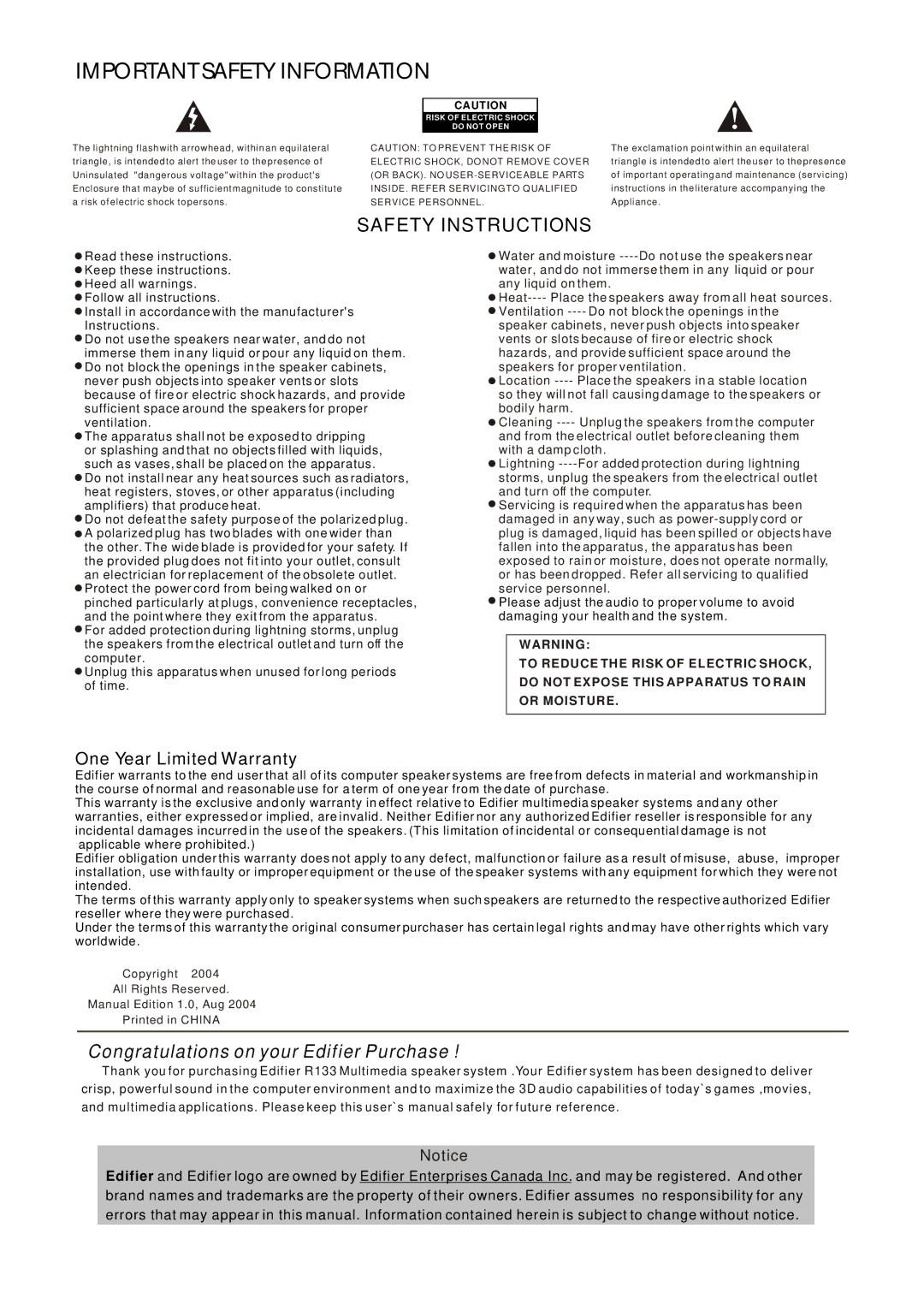 Edifier Enterprises Canada R133 user manual Important Safety Information 