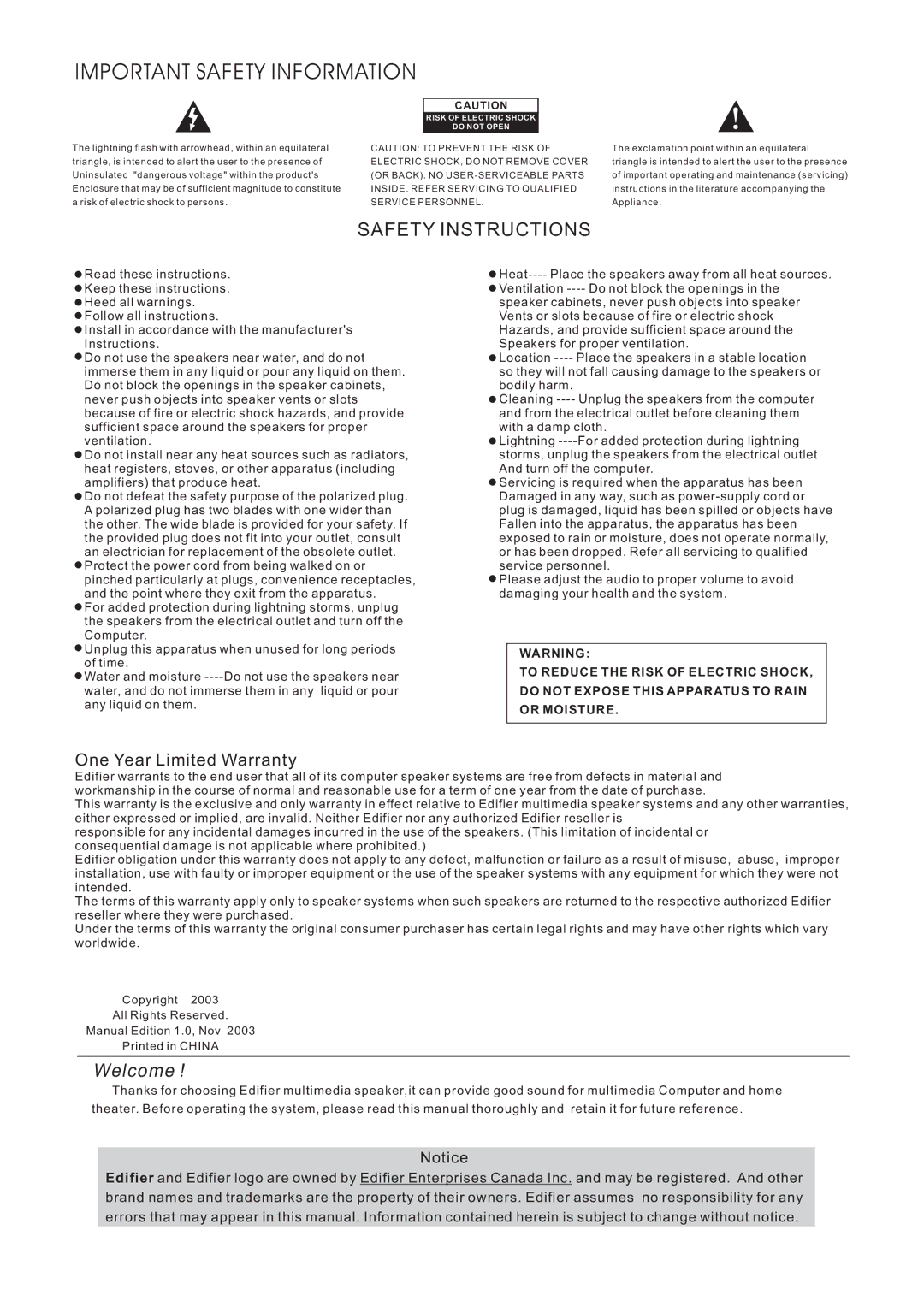 Edifier Enterprises Canada R231T user manual Important Safety Information 