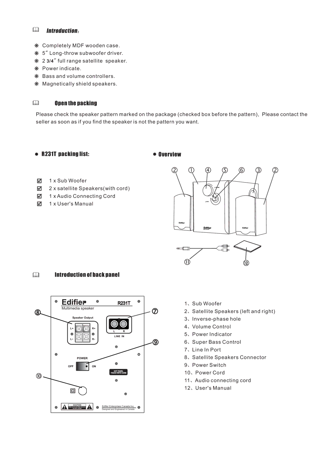 Edifier Enterprises Canada R231T user manual Introduction 