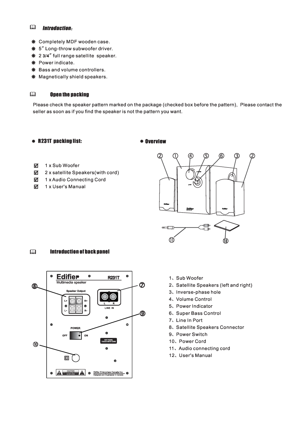 Edifier Enterprises Canada user manual Open the packing, R231T packing list, Introduction of back panel, Overview 