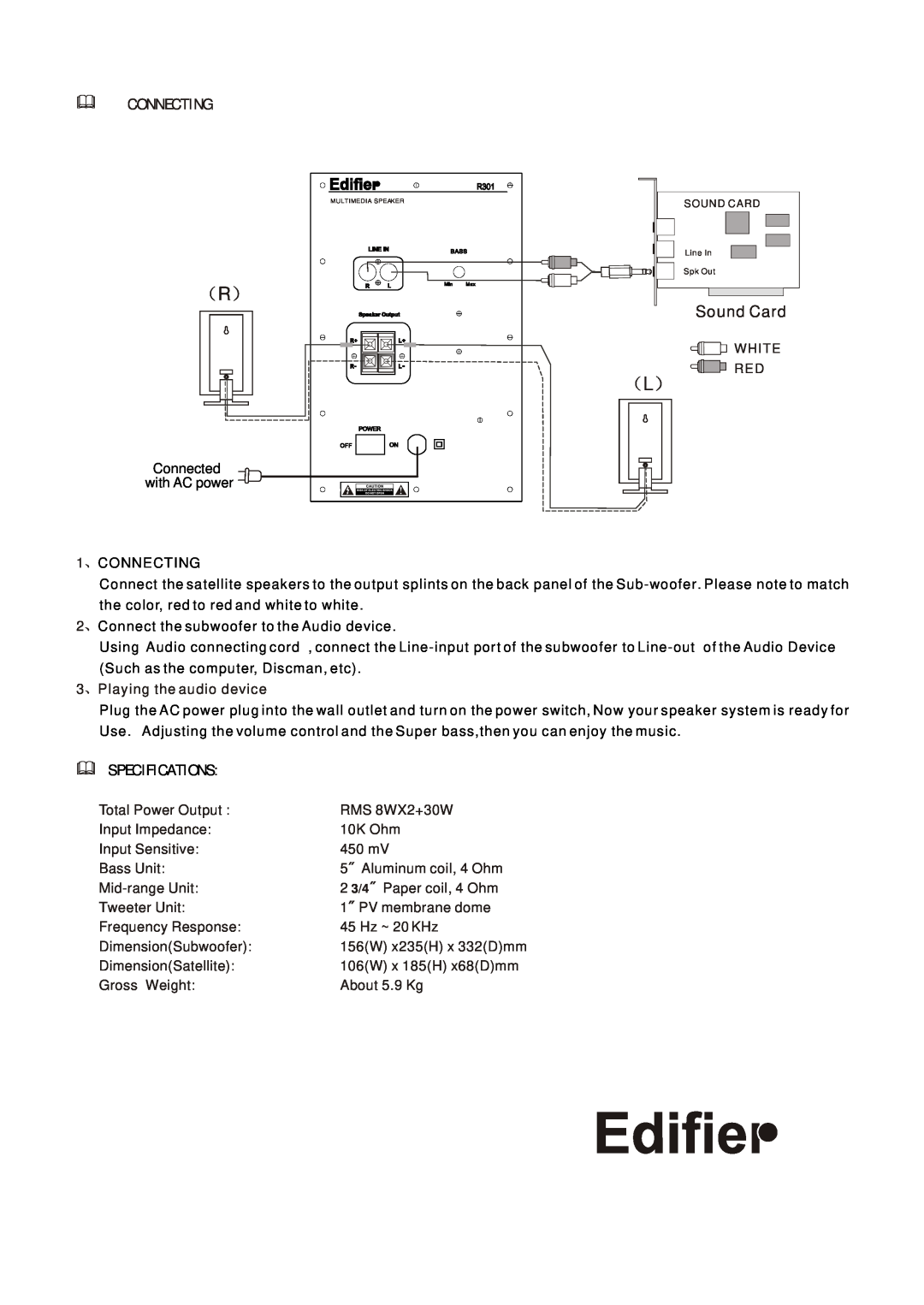 Edifier Enterprises Canada R301 user manual Connecting, Specifications, Sound Card 