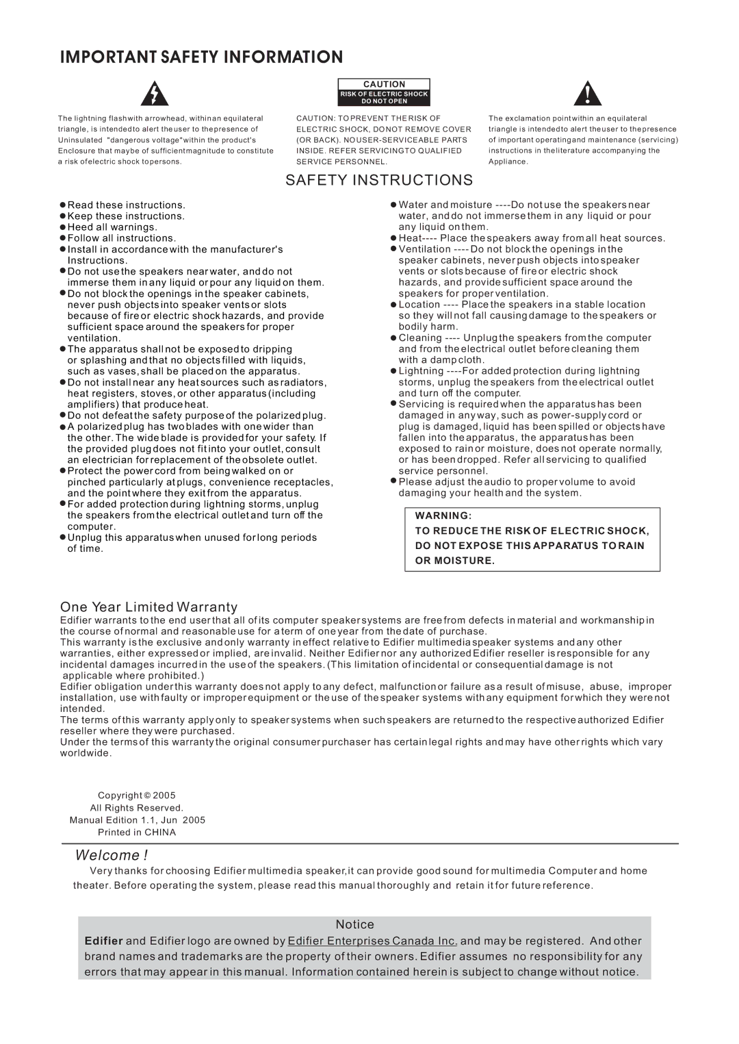 Edifier Enterprises Canada R401 user manual Important Safety Information 