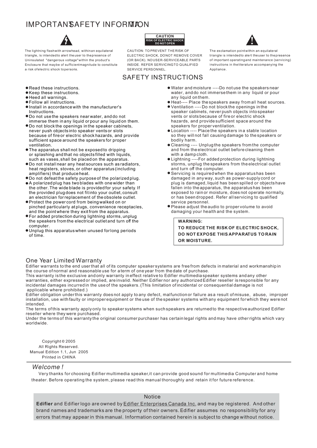 Edifier Enterprises Canada R451 user manual Important Safety Information 