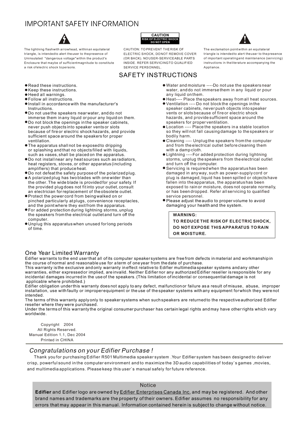 Edifier Enterprises Canada R501 user manual Important Safety Information 