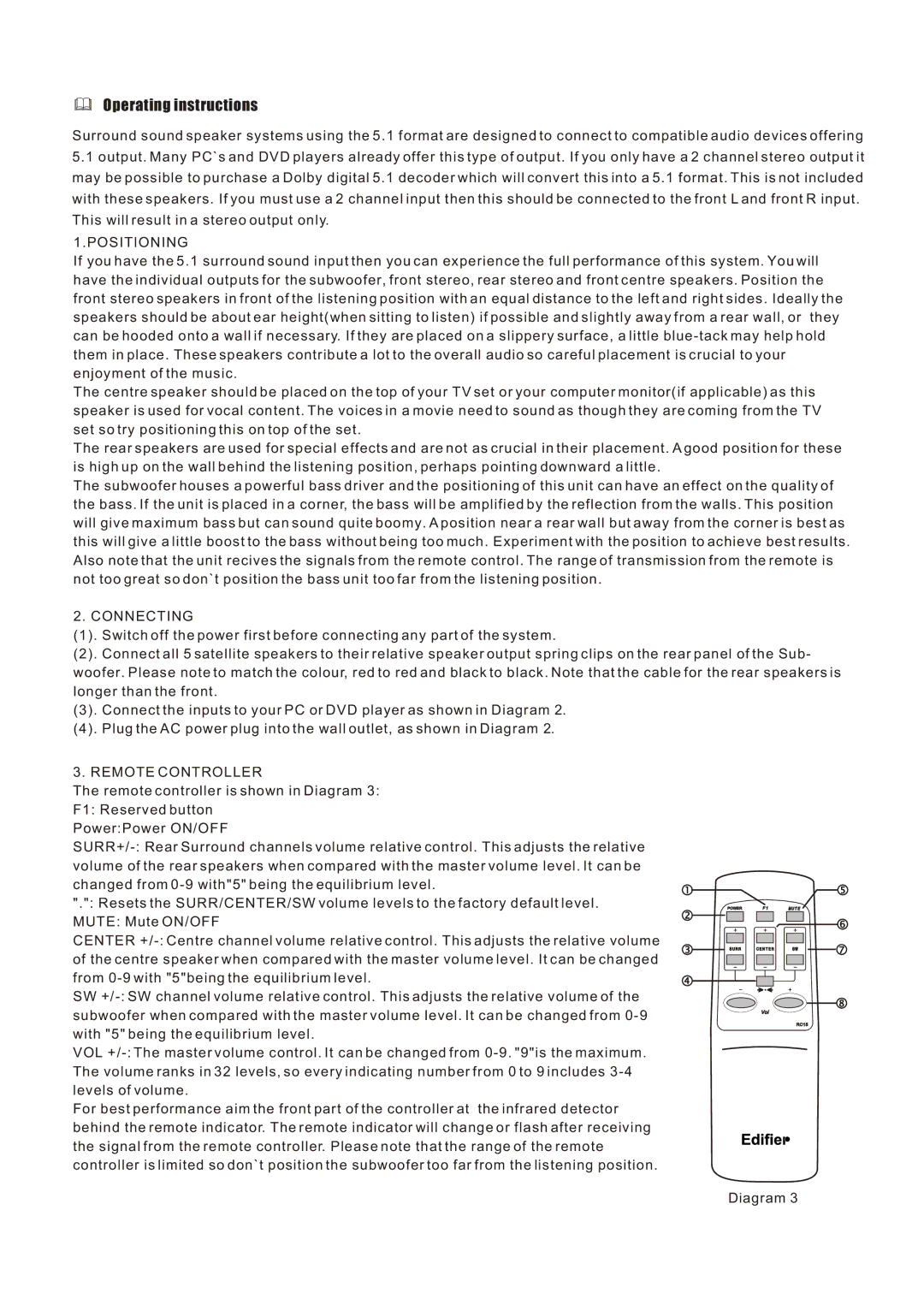 Edifier Enterprises Canada R501 user manual Operating instructions, Positioning 