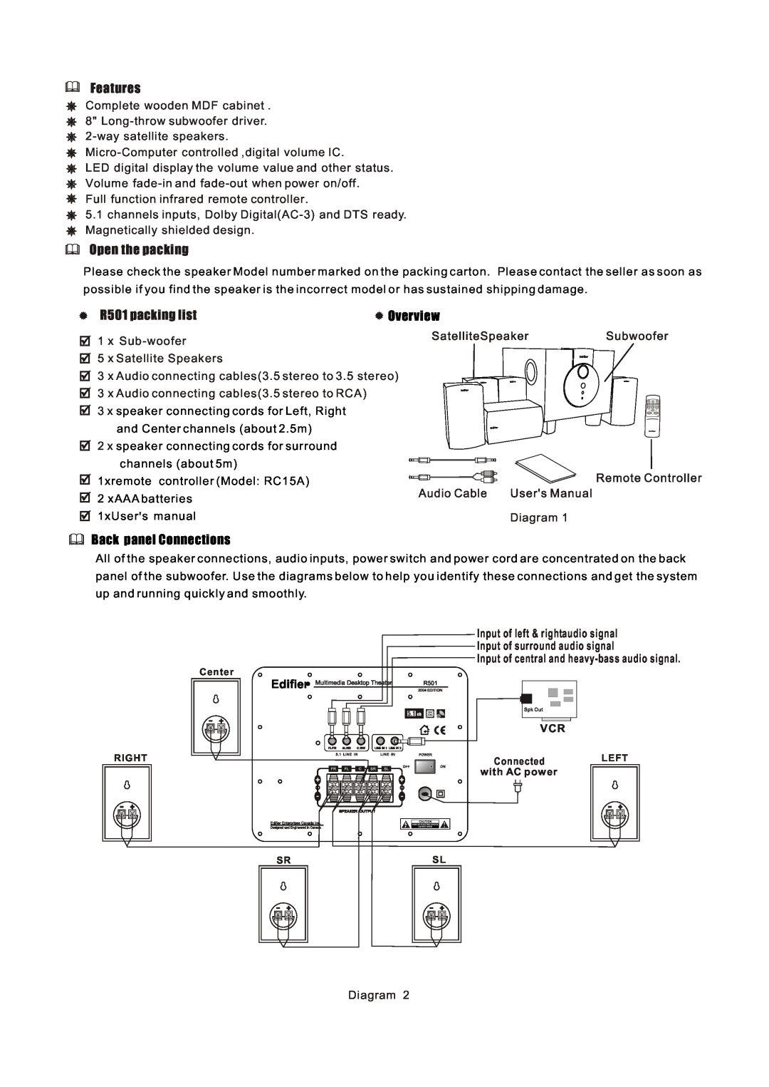 Edifier Enterprises Canada user manual Features, Open the packing, R501 packing list Overview, Back panel Connections 