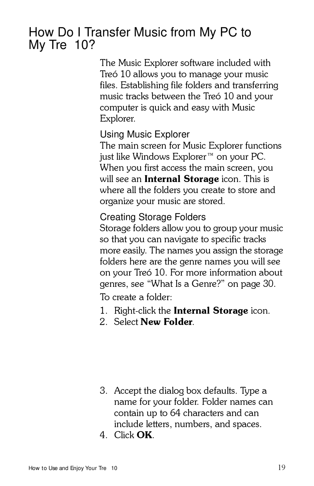 E.Digital manual How Do I Transfer Music from My PC to My Treó 10?, Using Music Explorer, Creating Storage Folders 