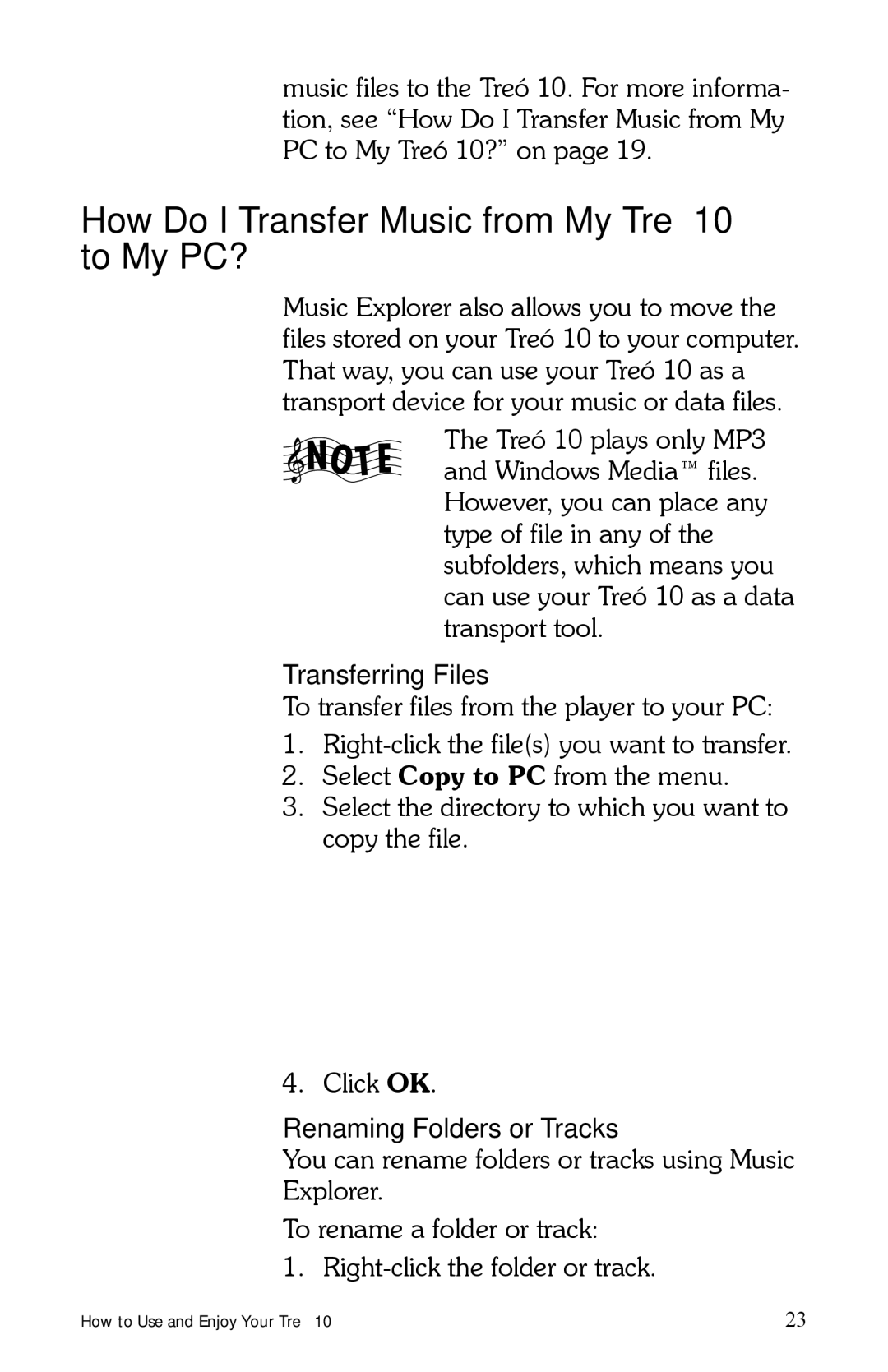 E.Digital manual How Do I Transfer Music from My Treó 10 to My PC?, Renaming Folders or Tracks 