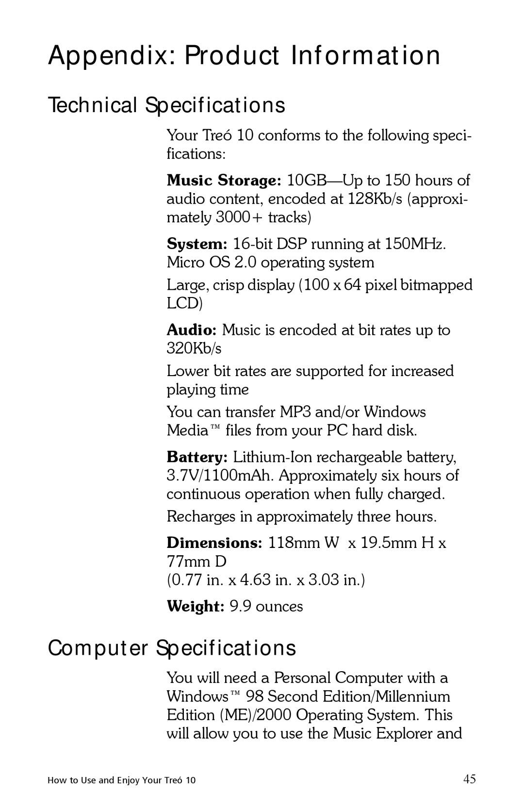 E.Digital 10 manual Appendix Product Information, Technical Specifications, Computer Specifications 