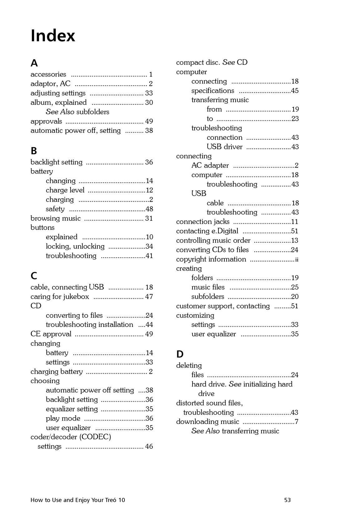 E.Digital 10 manual Index, Usb 