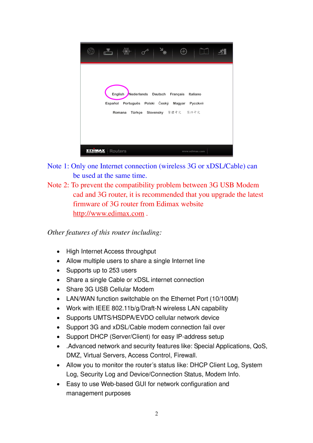 Edimax Technology 3G-6210n manual Other features of this router including 