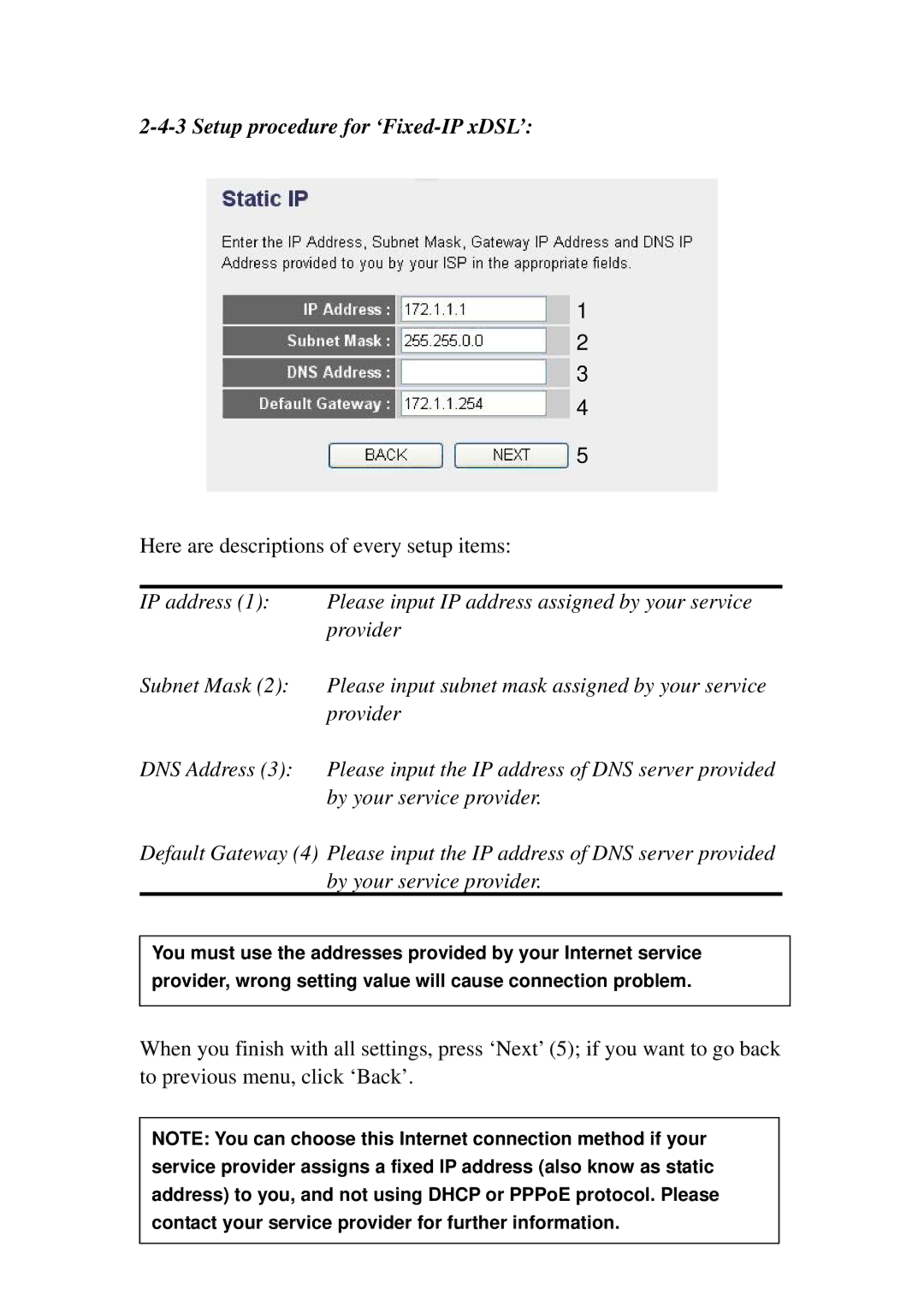 Edimax Technology 3G-6210n manual Setup procedure for ‘Fixed-IP xDSL’ 