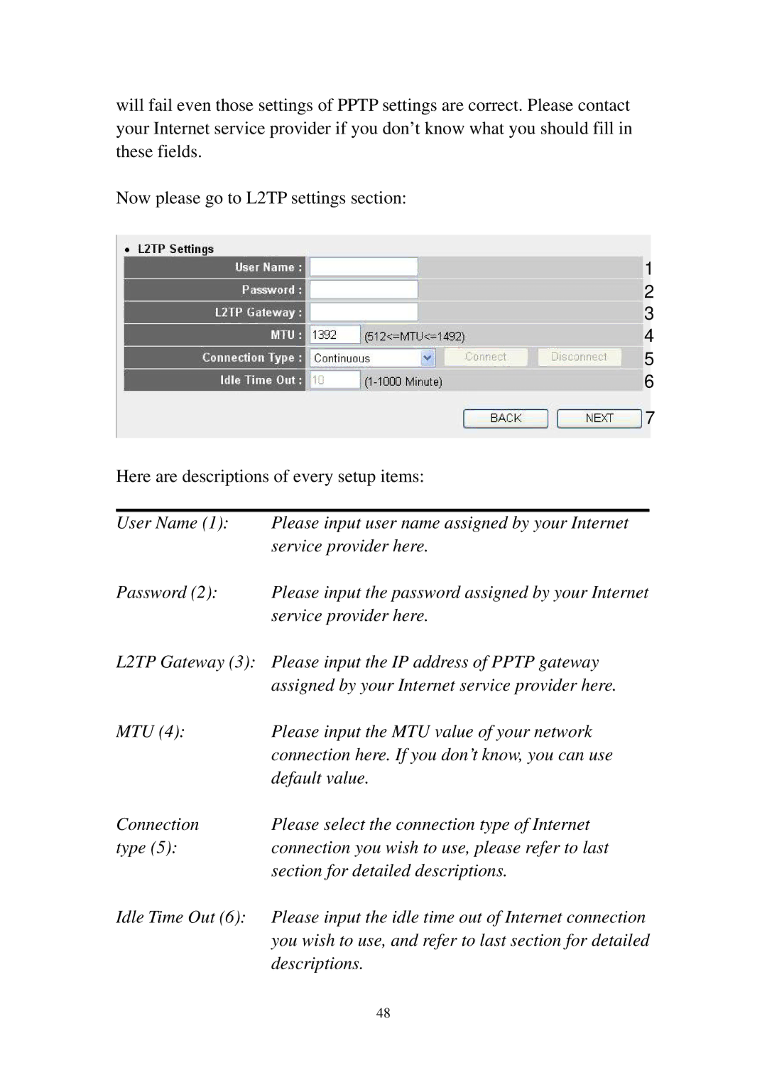 Edimax Technology 3G-6210n manual L2TP Gateway 3 Please input the IP address of Pptp gateway 