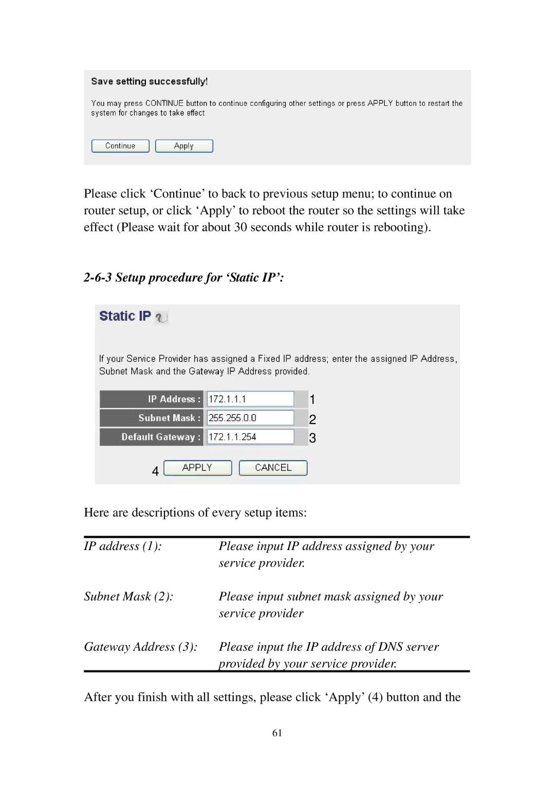 Edimax Technology 3G-6210n manual Setup procedure for ‘Static IP’ 