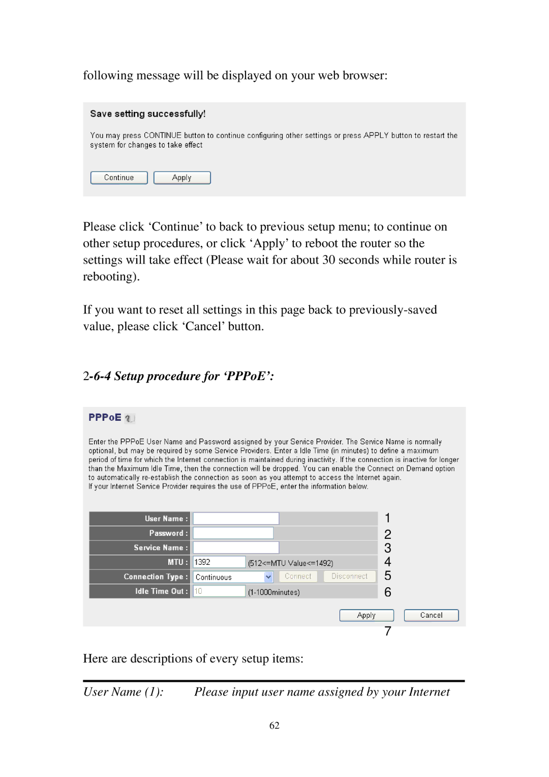 Edimax Technology 3G-6210n manual Setup procedure for ‘PPPoE’ 