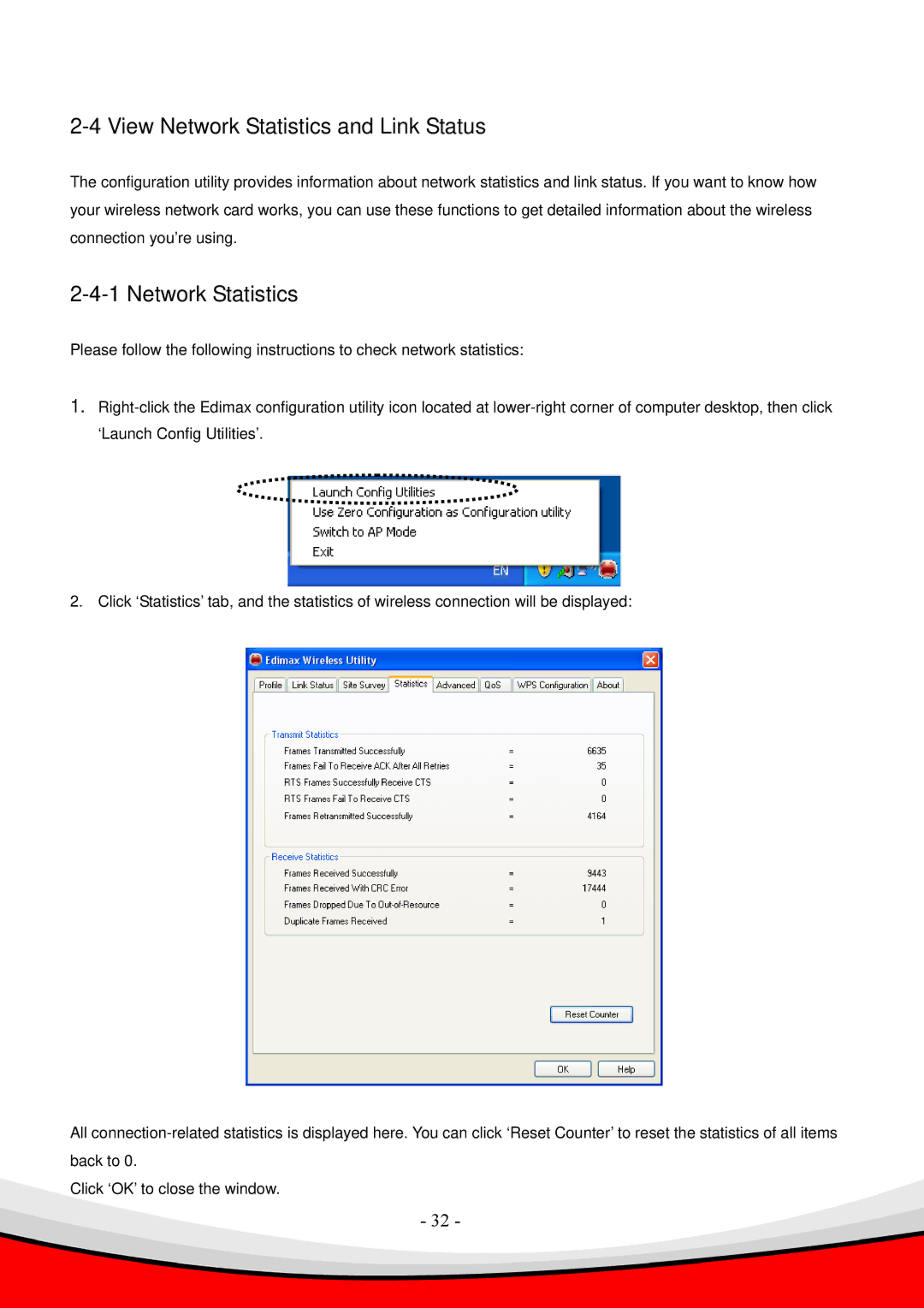 Edimax Technology 802.11 b, Draft 2.0-N, g user manual View Network Statistics and Link Status 