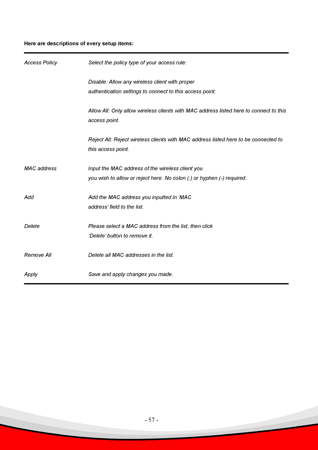 Edimax Technology Draft 2.0-N, 802.11 b, g user manual Here are descriptions of every setup items 