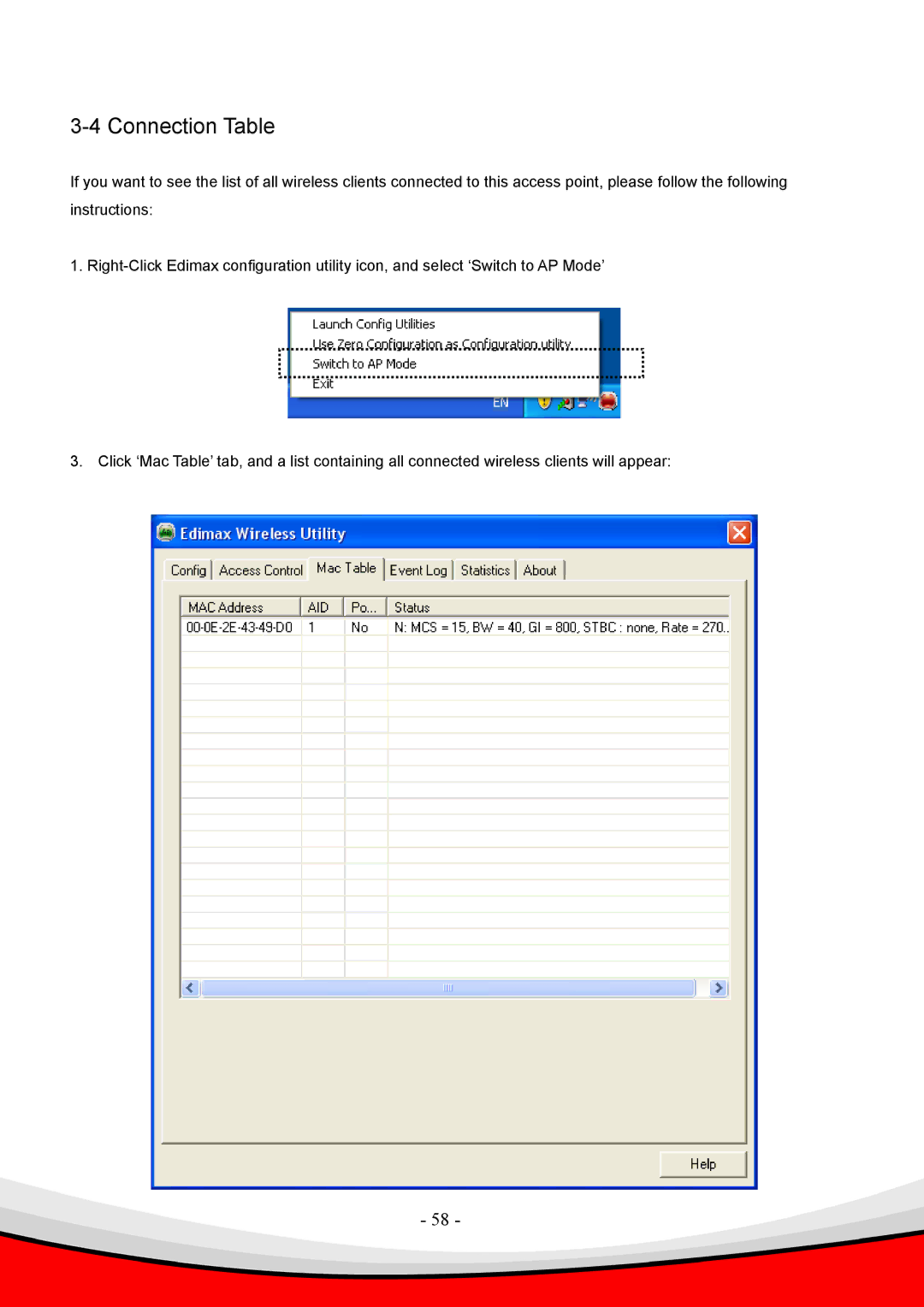 Edimax Technology g, 802.11 b, Draft 2.0-N user manual Connection Table 